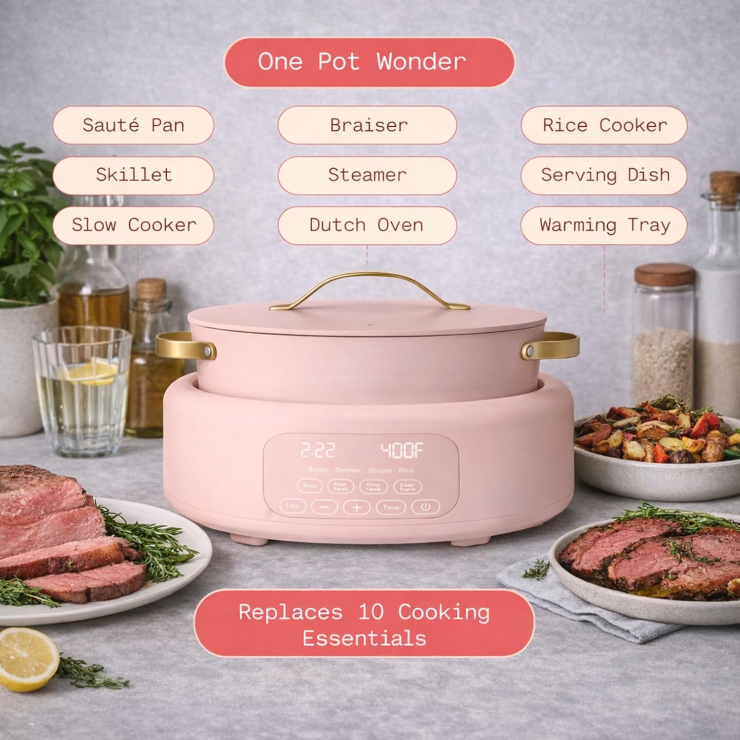 6 Quart Electric beeautifuul Multi Cooker 10 in 1 with Programmable Touch Display, Slow Cook Sear Steam (Rose)