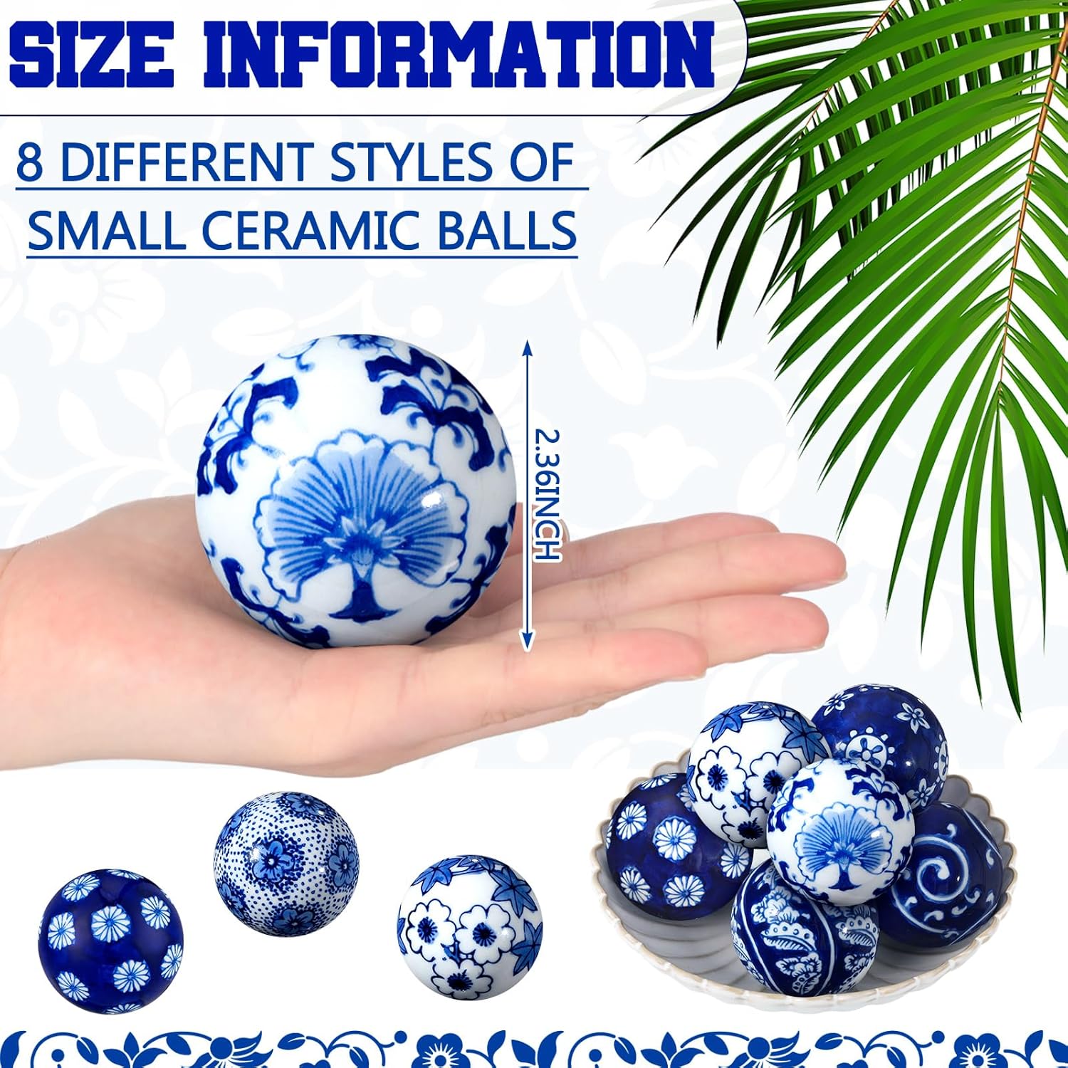 BBTO 8 Pcs Porcelain Decorative Balls for Centerpiece Bowls, Vases,Tables, Blue Traditional with Bohemian Influence, Elegant Home Decor for Living Room Office(Classic)