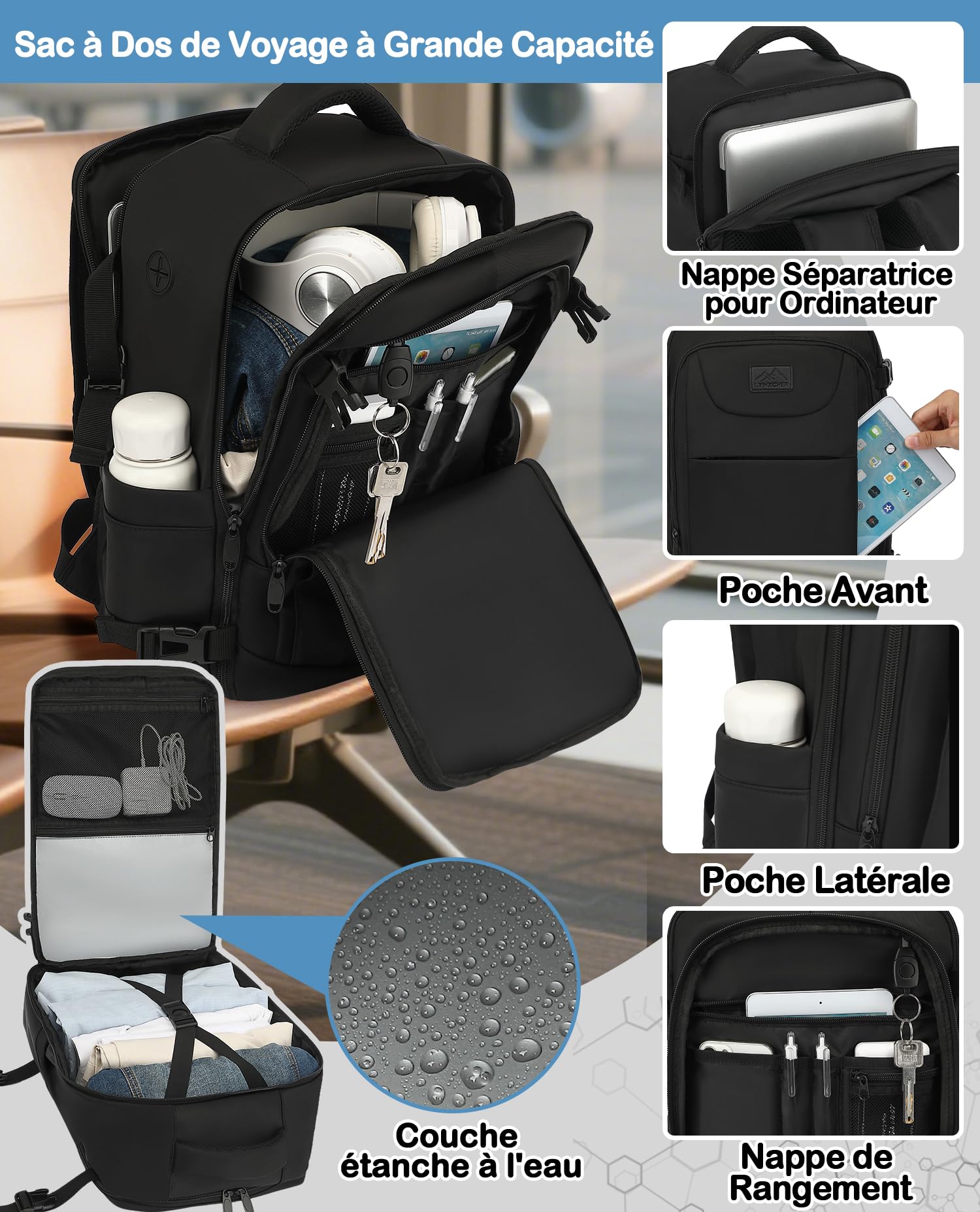 Sac a Dos Voyage Cabine Avion 40x20x25 Bagage Cabine pour Ryanair sous Siège Bagage à Main Petit Sac à Dos 20 L pour Femme Homme Ordinateur Portable 14 Pouces Noir
