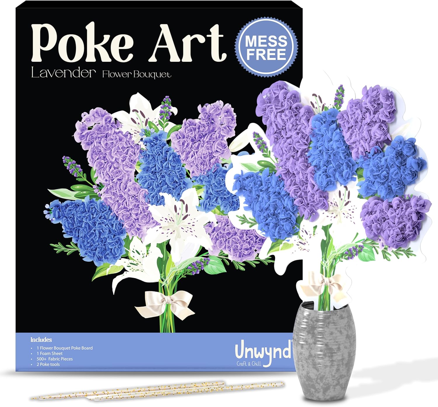Unwynd Poke Art Lavender Flower Bouquet, Mess-Free Sewing Fabric Arts & Crafts for Adults, DIY Flower Bouquet Kit, Decorative Swag,Birthday Gifts for Women, Activity Craft Kit for Adults,Teens & Moms