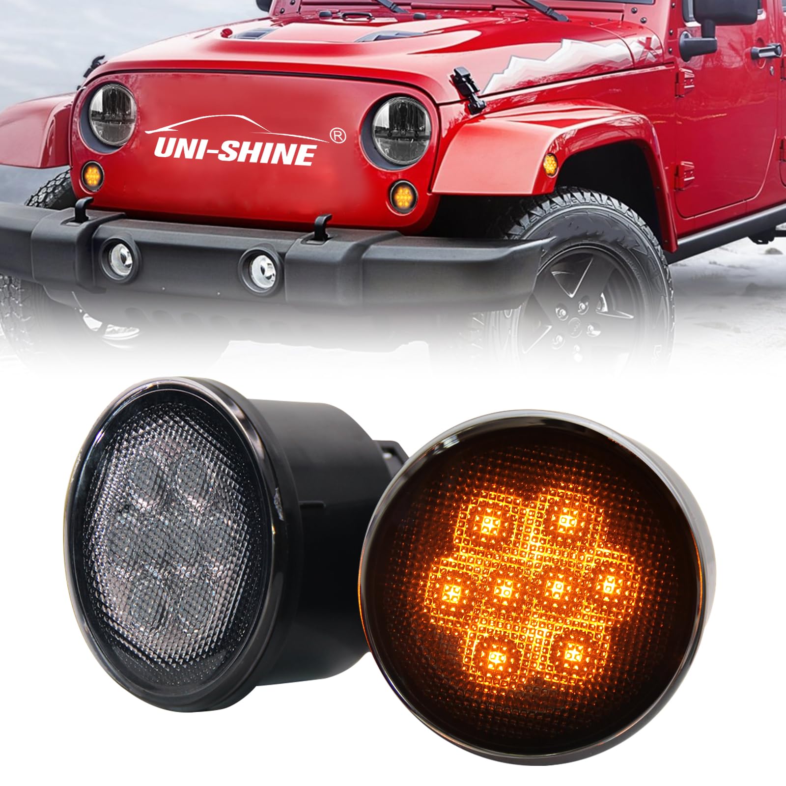 UNI-SHINE Turn Signal Lights Smoke Lens Amber LED Front Grill Indicator Parking Lights Compatible with Jeep Wrangler JK JKU 2007-2017,3500K Blinker