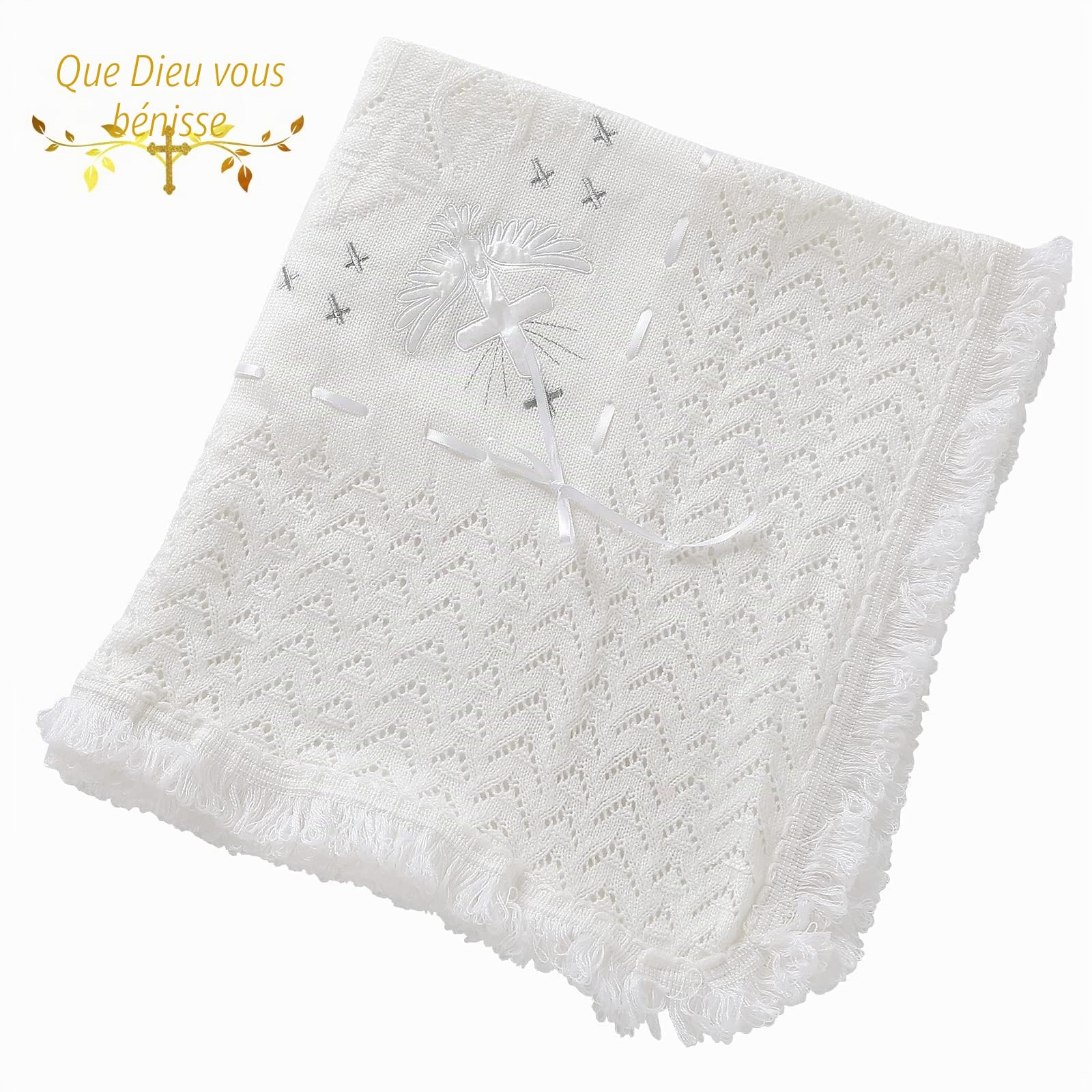 Booulfi Couverture de baptême Unisexe pour bébé - Blanc - Châle tricoté - Taille : 95,2 x 100,3 cm