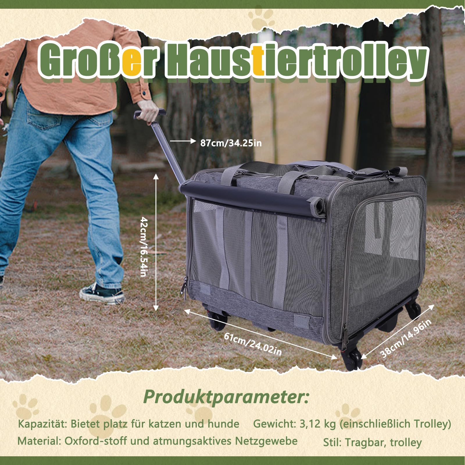 Trasportino per gatti con ruote, pieghevole, grande, per il trasporto di gatti, rimovibile, con scomparti, per 2 gatti, stile tenda ventilato