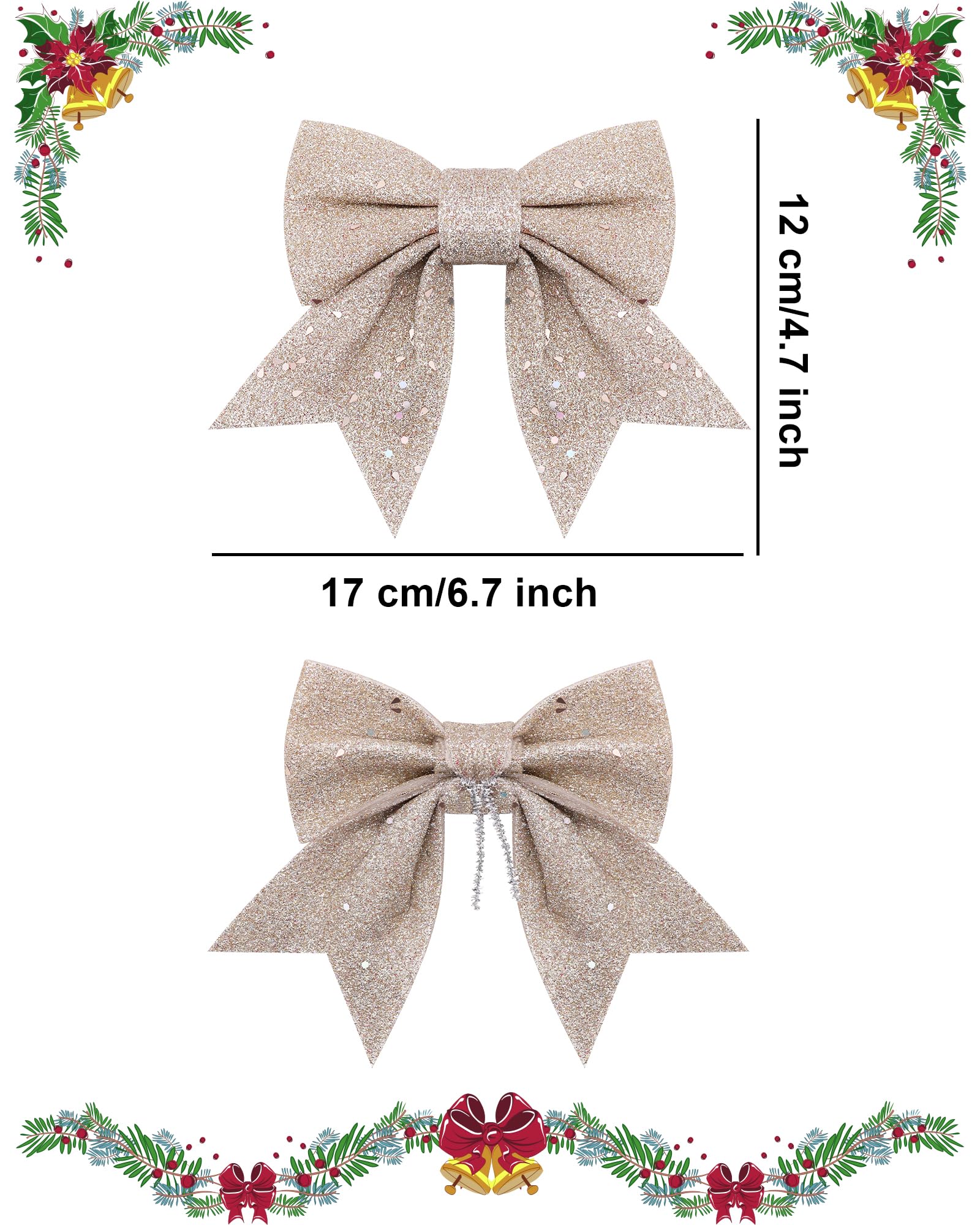 TOPWAYS 10PCS Christmas Bow Decorations, Champagne Gold Bows for Christmas Tree Sequin Bow Ties - Image 2