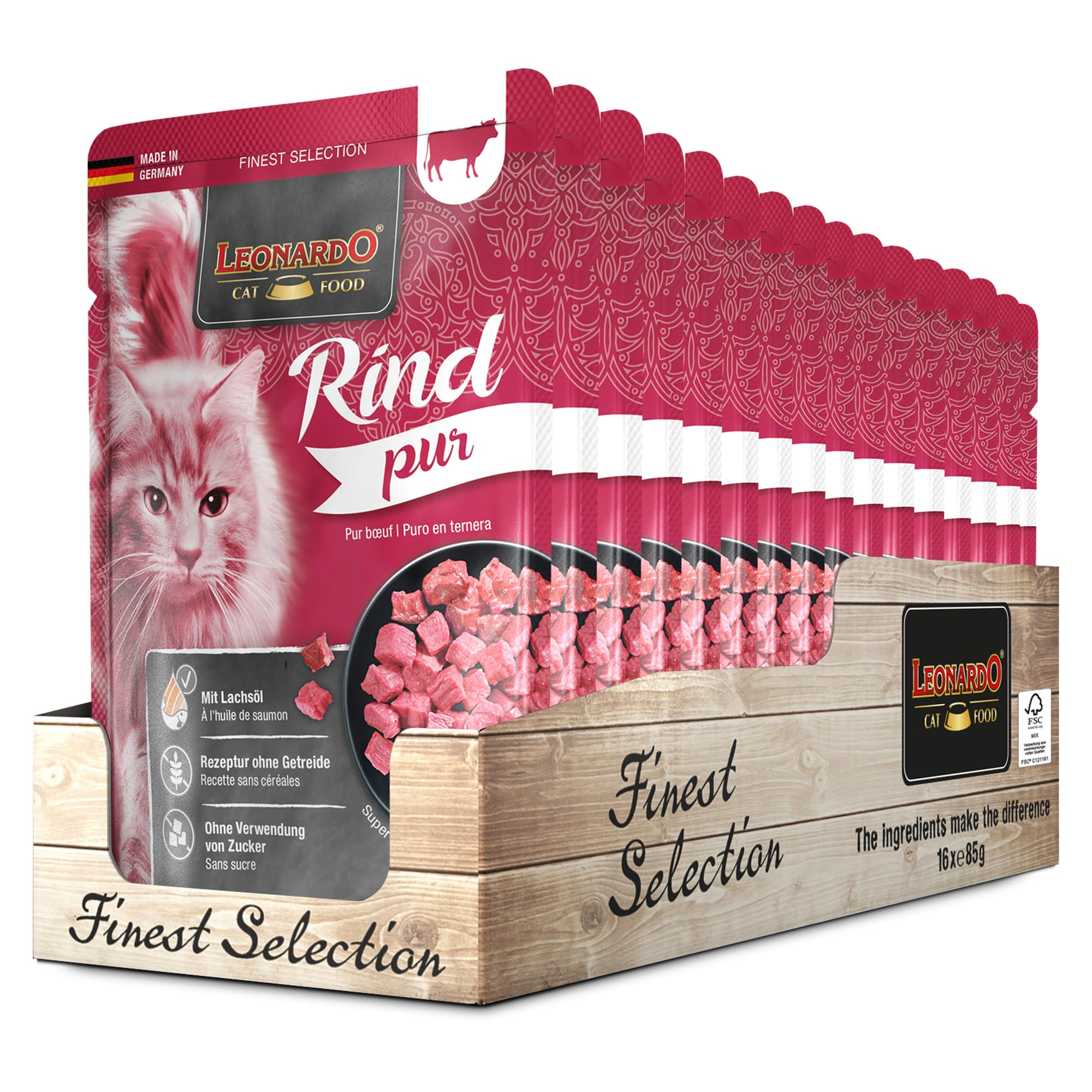 LEONARDO Frischebeutel [16x85g Rind pur] | Getreidefreies Nassfutter für Katzen | Feuchtfutter Alleinfutter im Einzelportionsbeutel