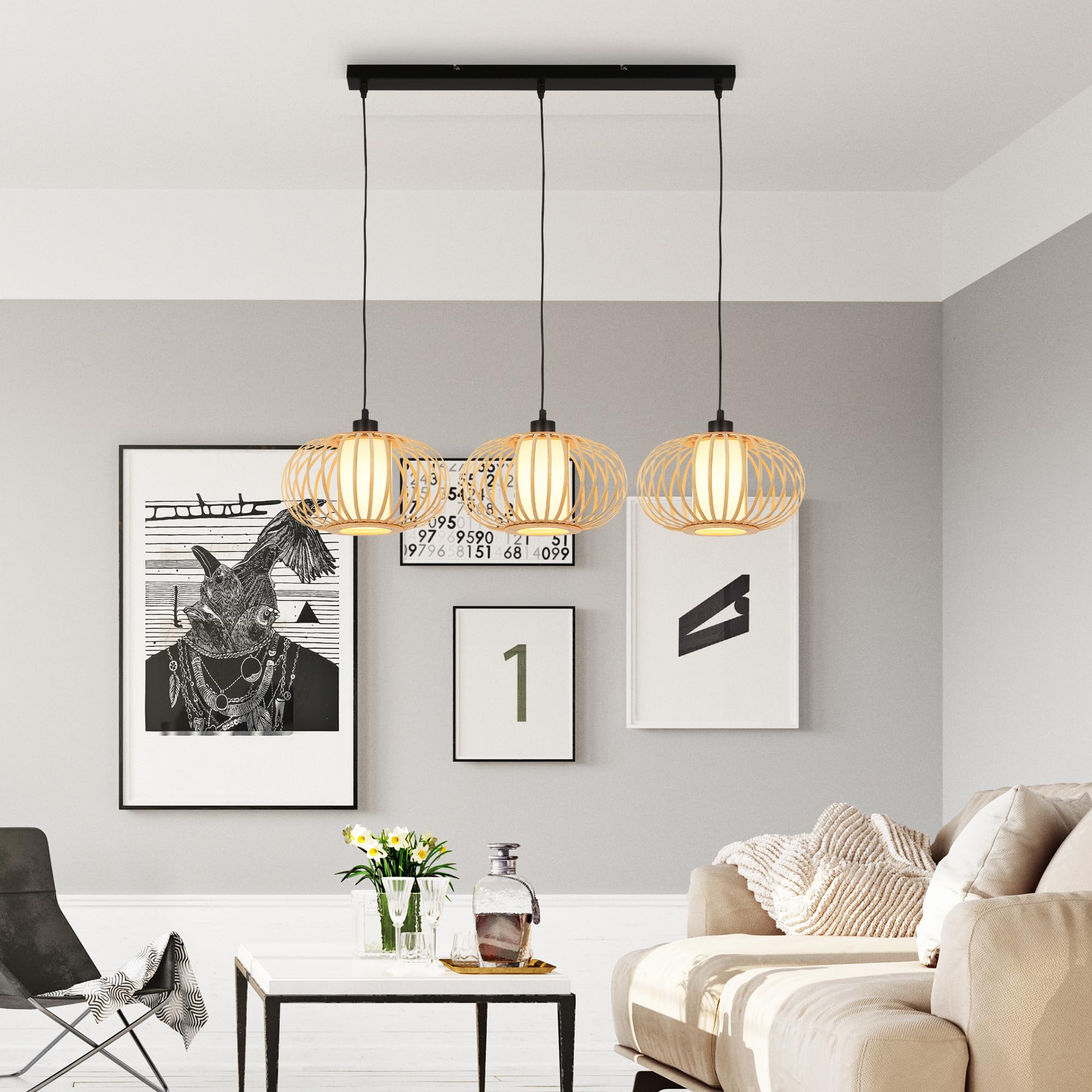 BRILONER - Lámpara Colgante de Bambú, Lámpara de Techo para el Salón, de Madera, Estilo Boho, Casquillo E27, 70x28x120 cm (LxAnxAl)