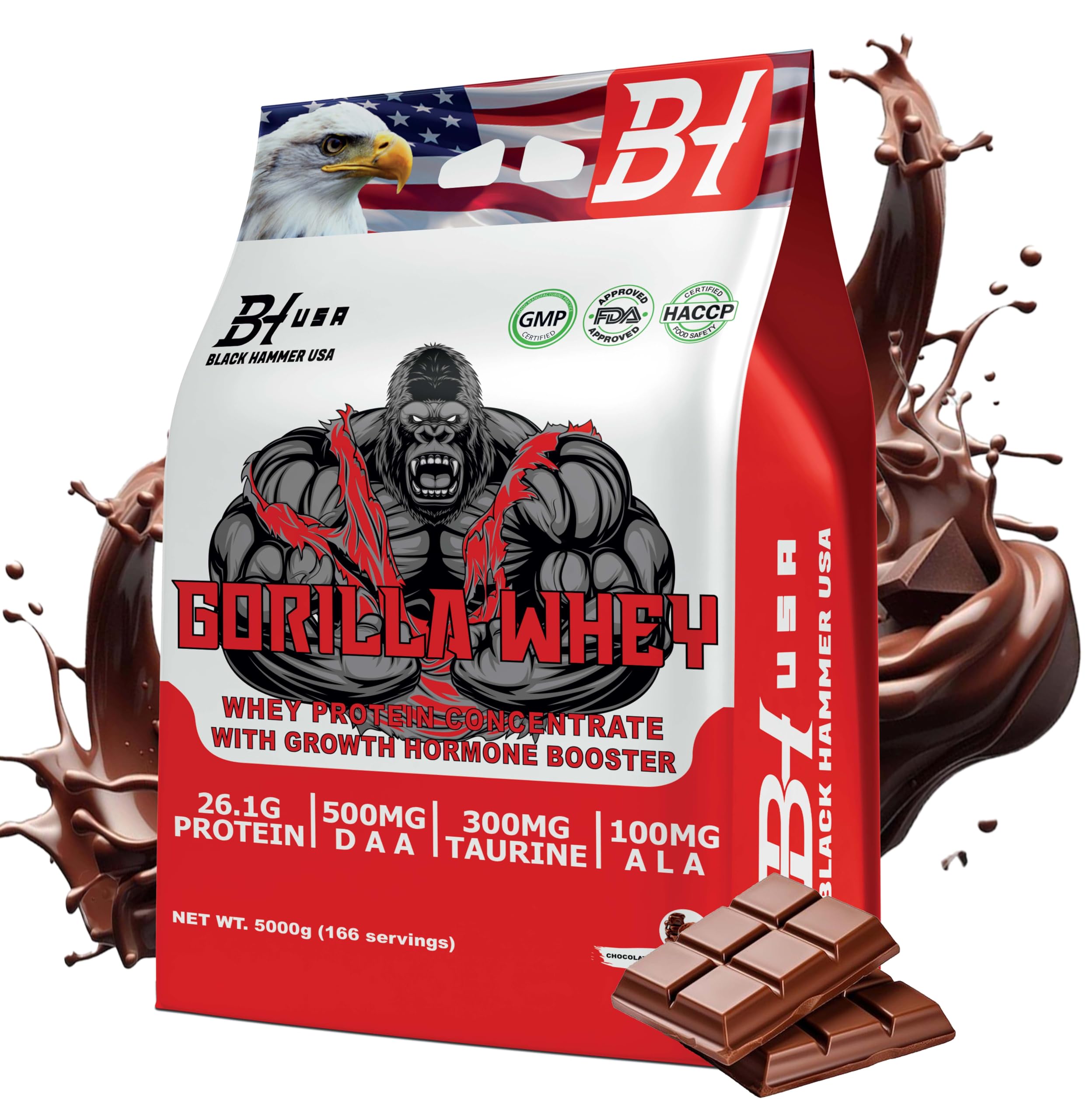 GORILLA Whey Protein - 5KG - Black Hammer USA - Protein Powder for Muscle Growth & Recovery + Free Gorilla BCAA Gift (5000g, Schokolade)