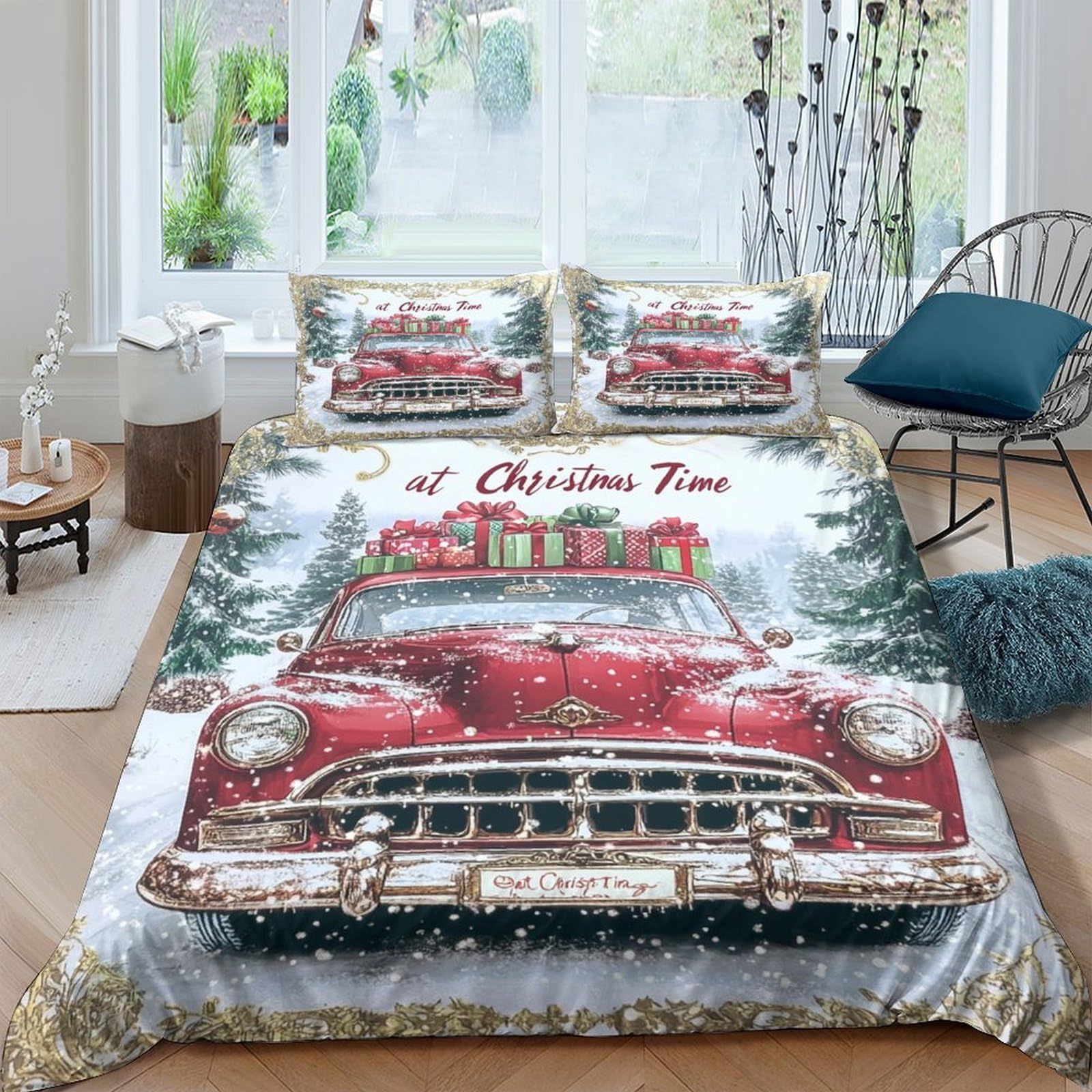 Ctjqhvkz Style-9 3D Printed Christmas Red Truck Fitted Sheet Microfiber Winter Forest Bed Cover For Bedroom Guest Room Decor Single（135X200cm）