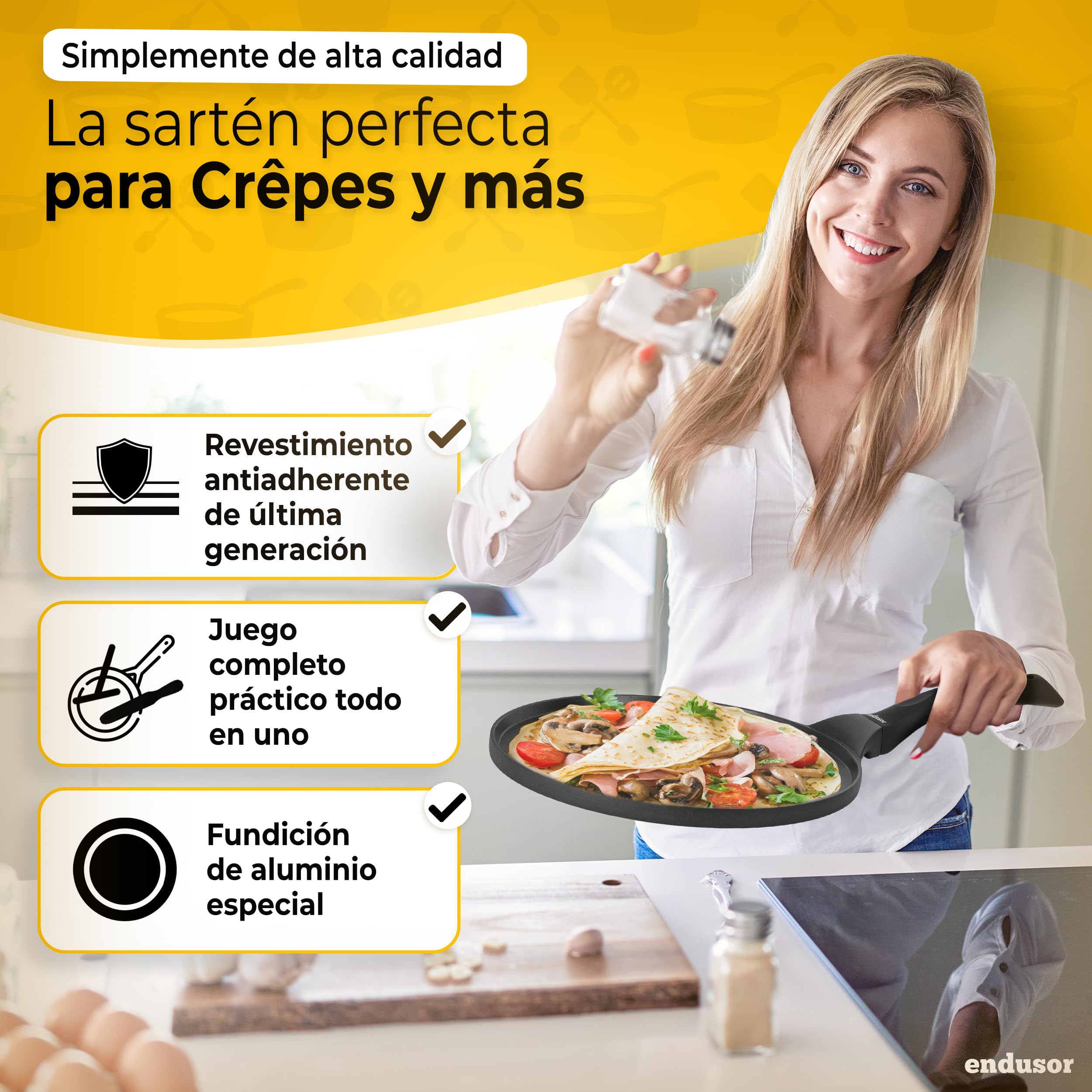 endusor Sarten Crepes Induccion 26cm con 3 capas de antiadherente + espatula y esparcidor de madera de haya alemana - Sartén para crepes apta para TODAS las cocinas - Crepera sarten sin PFOA + PFOS