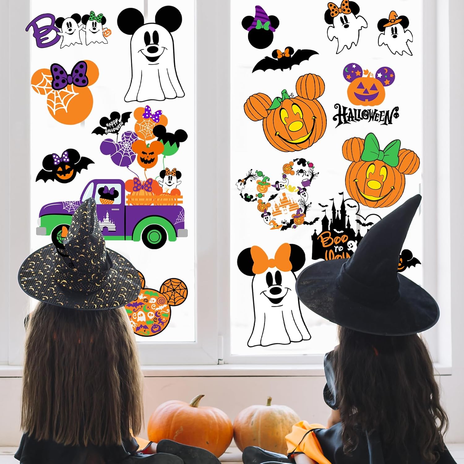 Mouse Themed Halloween Window Decals - 9 Sheets of Removable Pumpkin & Ghost Stickers for Glass Windows