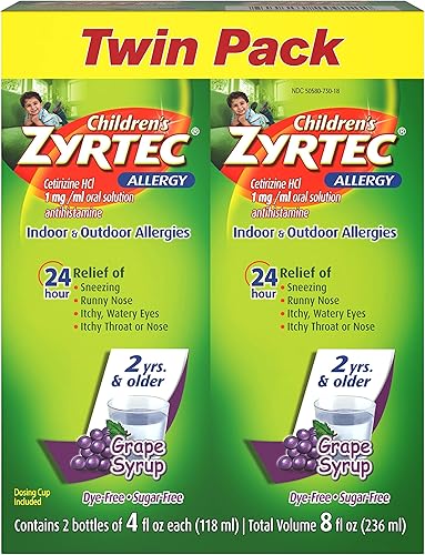 Zyrtec Jarabe para alergias infantiles 24 horas con cetirizina, uva sin azúcar, paquete doble de 4 onzas líquidas