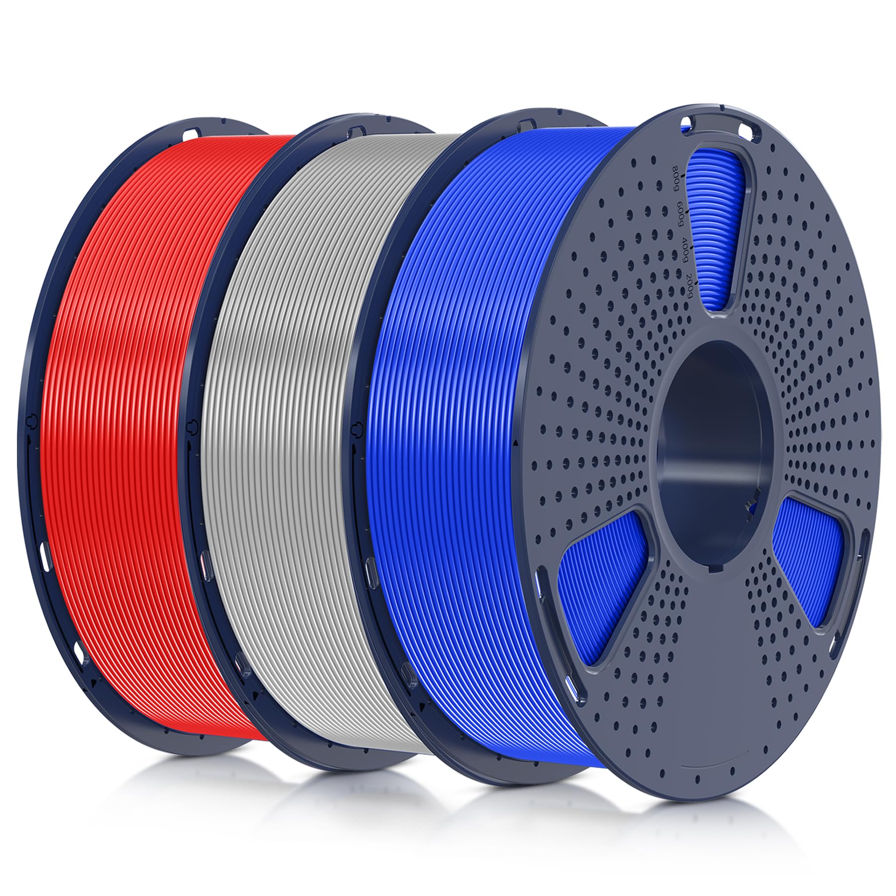 SUNLU Filamento PLA+ 1.75mm 3KG, Neatly Wound, Filamento per Stampante 3D PLA Plus, Filamento PLA Plus Resistente, Precisione Dimensionale +/- 0.02mm, Bobina da 1kg (2.2 Libbre) Blu+Argento+Rosso