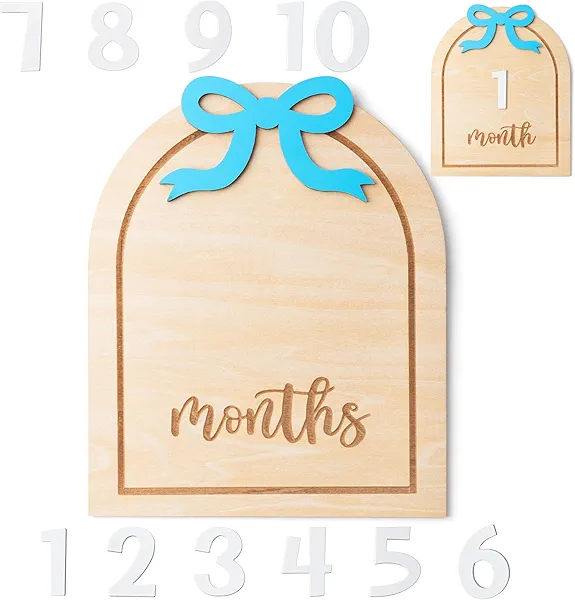 R HORSE Baby Monthly Milestone Cards, 3D Blue Bow Wooden Monthly Milestone Discs with Number Cards, Baby Months Signs Announcement Newborn Photography Props Baby Shower Christmas Gifts for Boy Girl