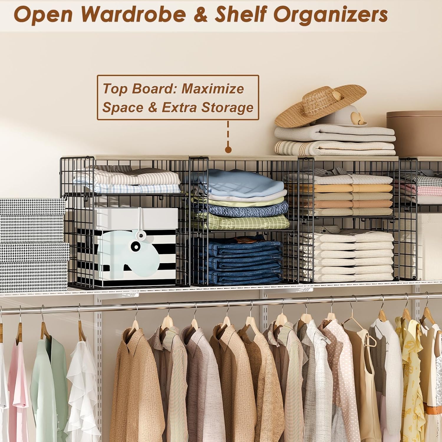 4-Tier Stackable Closet Organizers and Storage, Adjustable Dividers & Wood Top Storage Shelves for Clothes, Wardrobe & Closet Storage Basket Bins/Cube, Space-Saving Closet Organizer System, Black