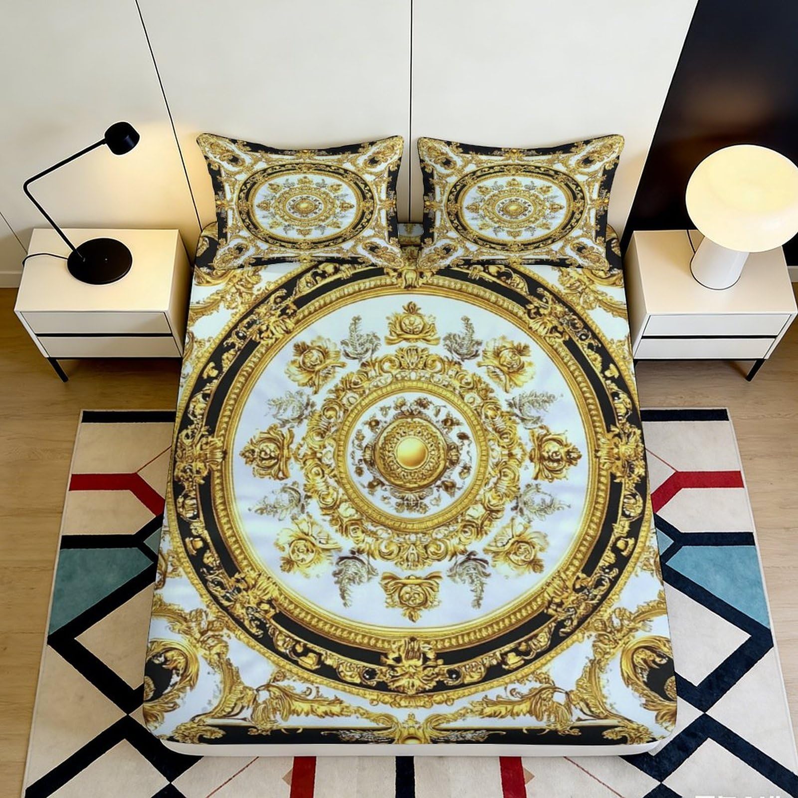 3D Printed Baroque Gold Medallion Fitted Sheet Microfiber Bedroom Bed Cover for Mattress Protection Decor 90x200x25cm