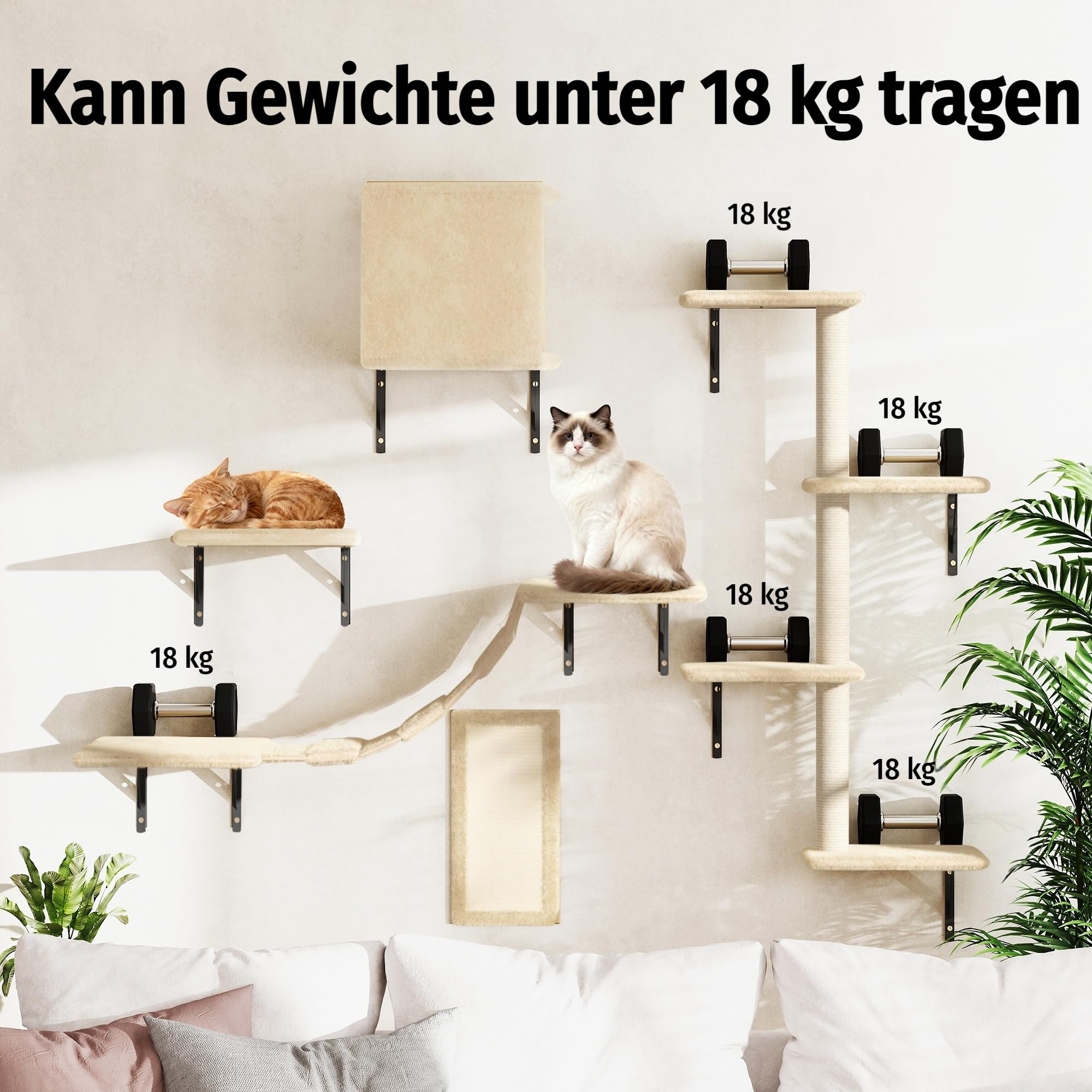 Katzen Kletterwand Set 5-teilig – Wandmontierte Katzenwand für Wohnungskatzen, mit Katzenhaus, Katzenbrücke, Kratzsäule & Kratzbrett, Platzsparend, beige
