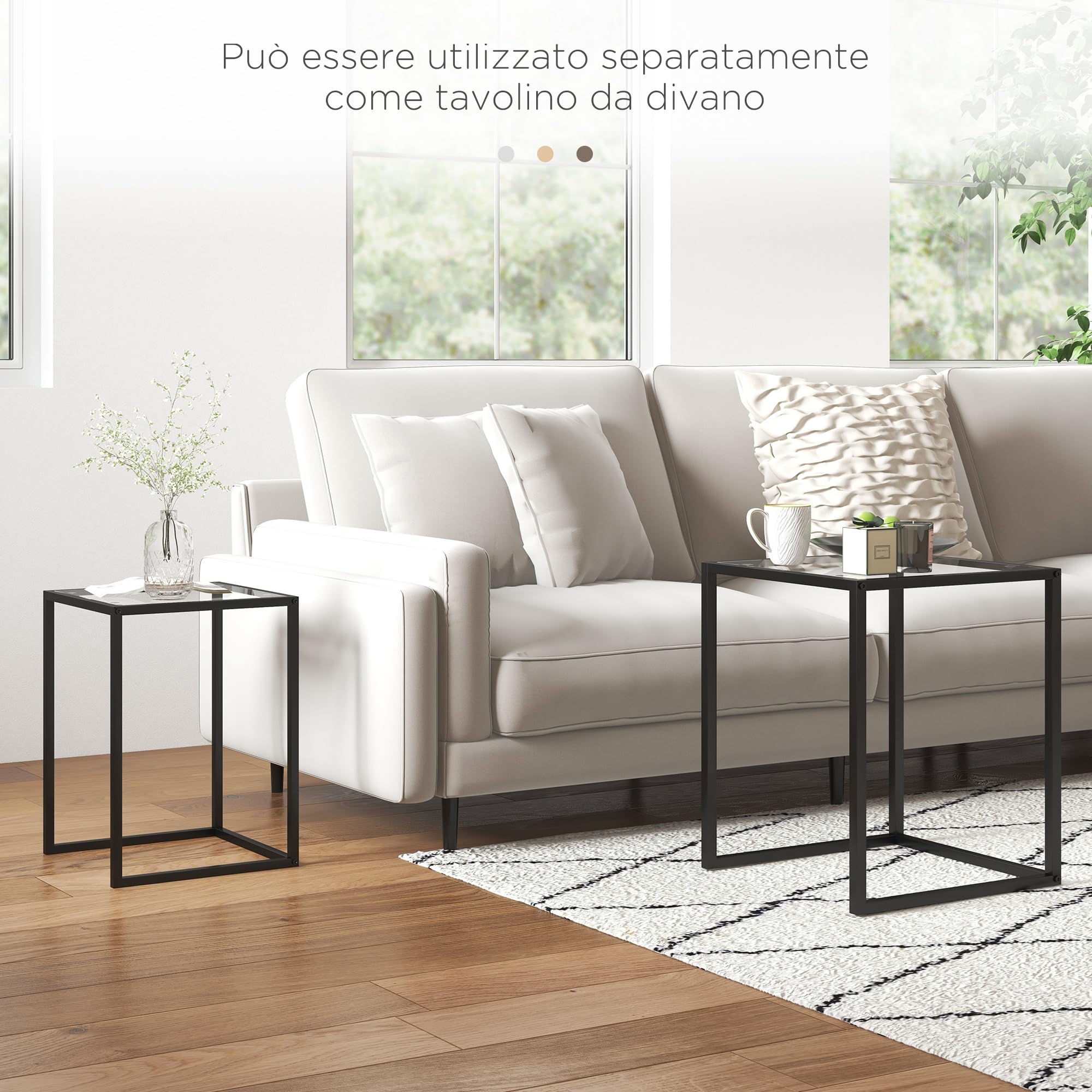 HOMCOM Set di 2 Tavolini Sovrapponibili, Tavolini da Caffè Moderni Salvaspazio Quadrati in Acciaio e Vetro Temperato, Nero