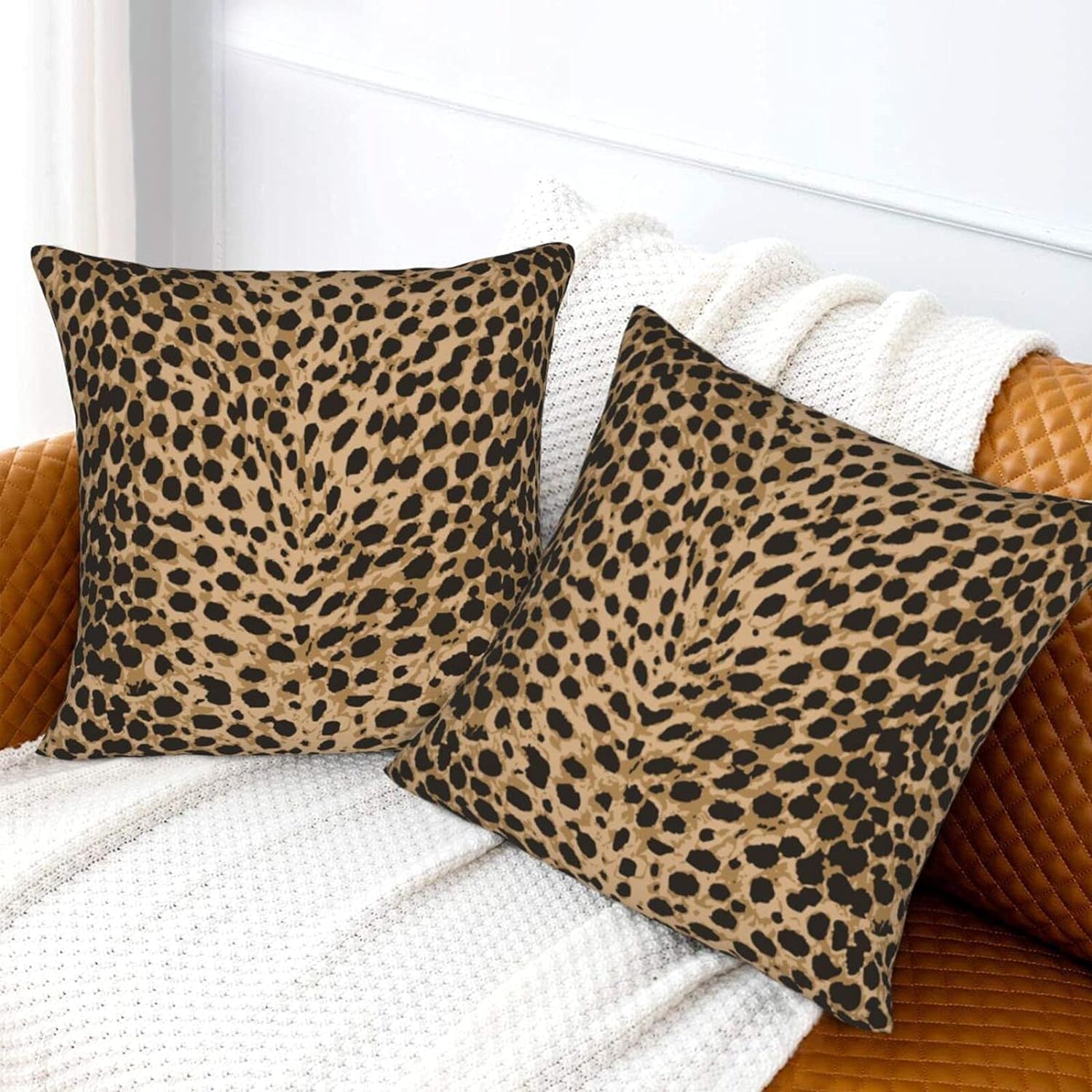 Leopard Texture Throw Pillow Covers Set of 4 Decorative Pillowcase Animal Skin Print Throw Cushion Case for Bedroom, Living Room, Sofa, Couch and Bed, 18x18 Inch