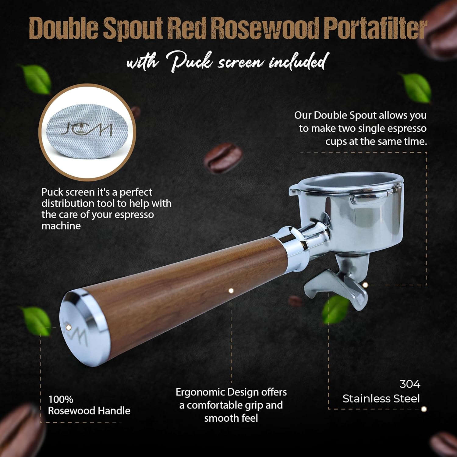54mm Double Spout Portafilter 3 Ears Red Rosewood - Compatible with Breville espresso machines Includes 18g Filter Basket & 1.7mm Puck Screen