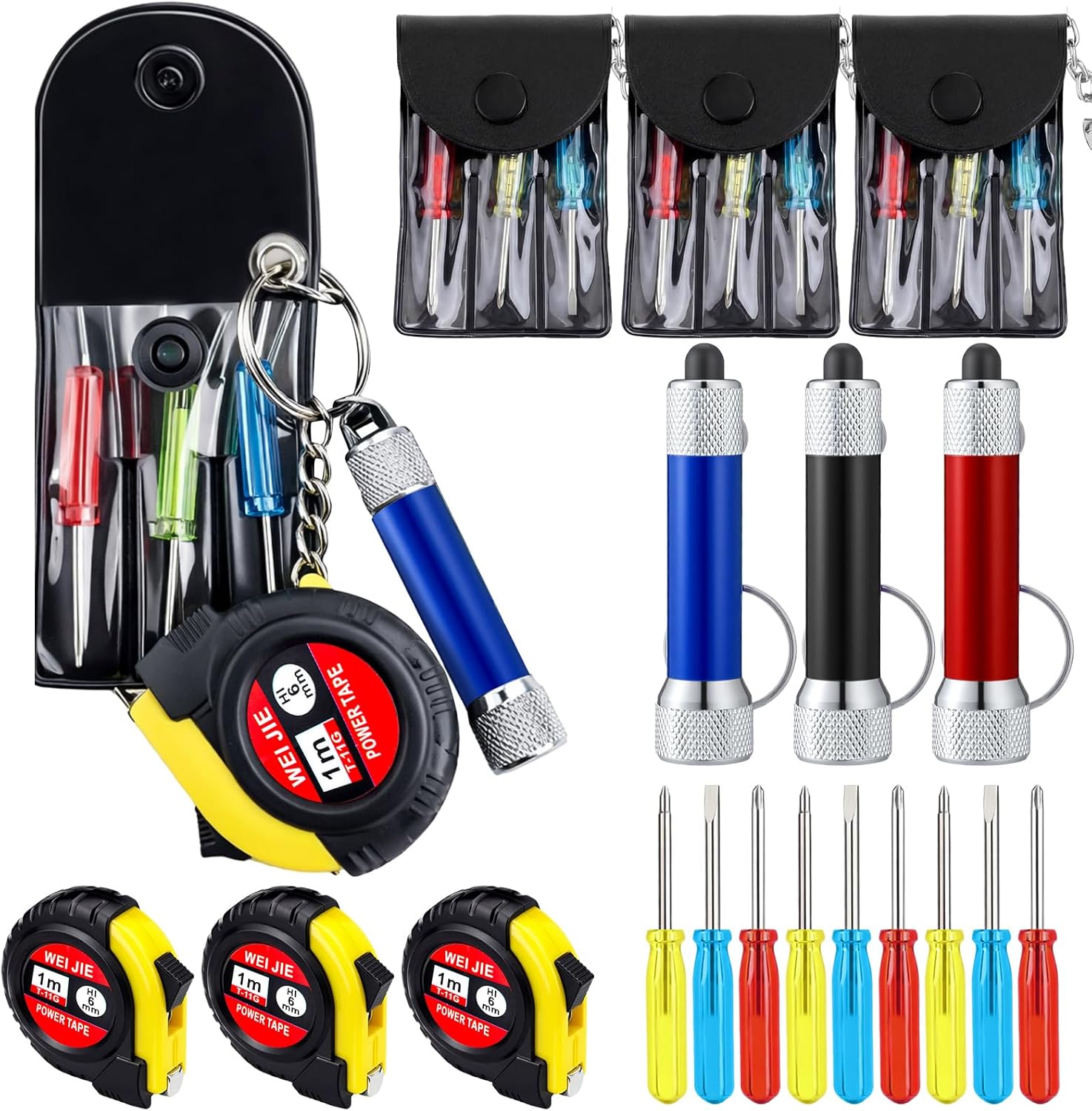 Jutom 18 Pcs Mini Tape Measure Keychain Screwdriver LED Light Keychain Bulk Men Adult Tool Party Gifts Prize for Man Father's Day Housewarming Gifts Adult Useful Tool Favors (Black)