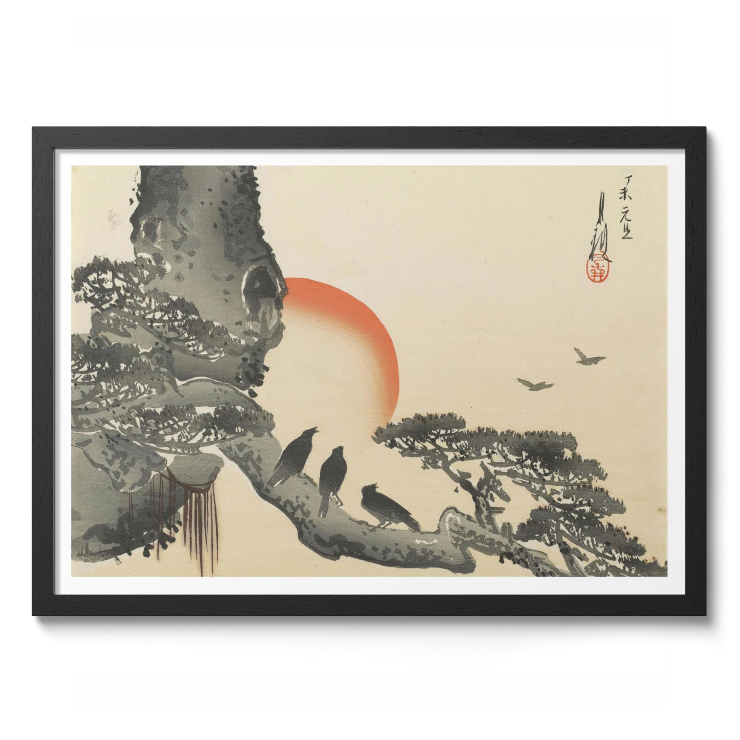 Crows On Pine With Setting Sun Ogata Gekko Poster, Japanese Woodblock Ukiyo-E Print, Vintage Art Picture Painting Wall Art Exhibition, A2 (Black Frame) - 59.4x42cm — image 1
