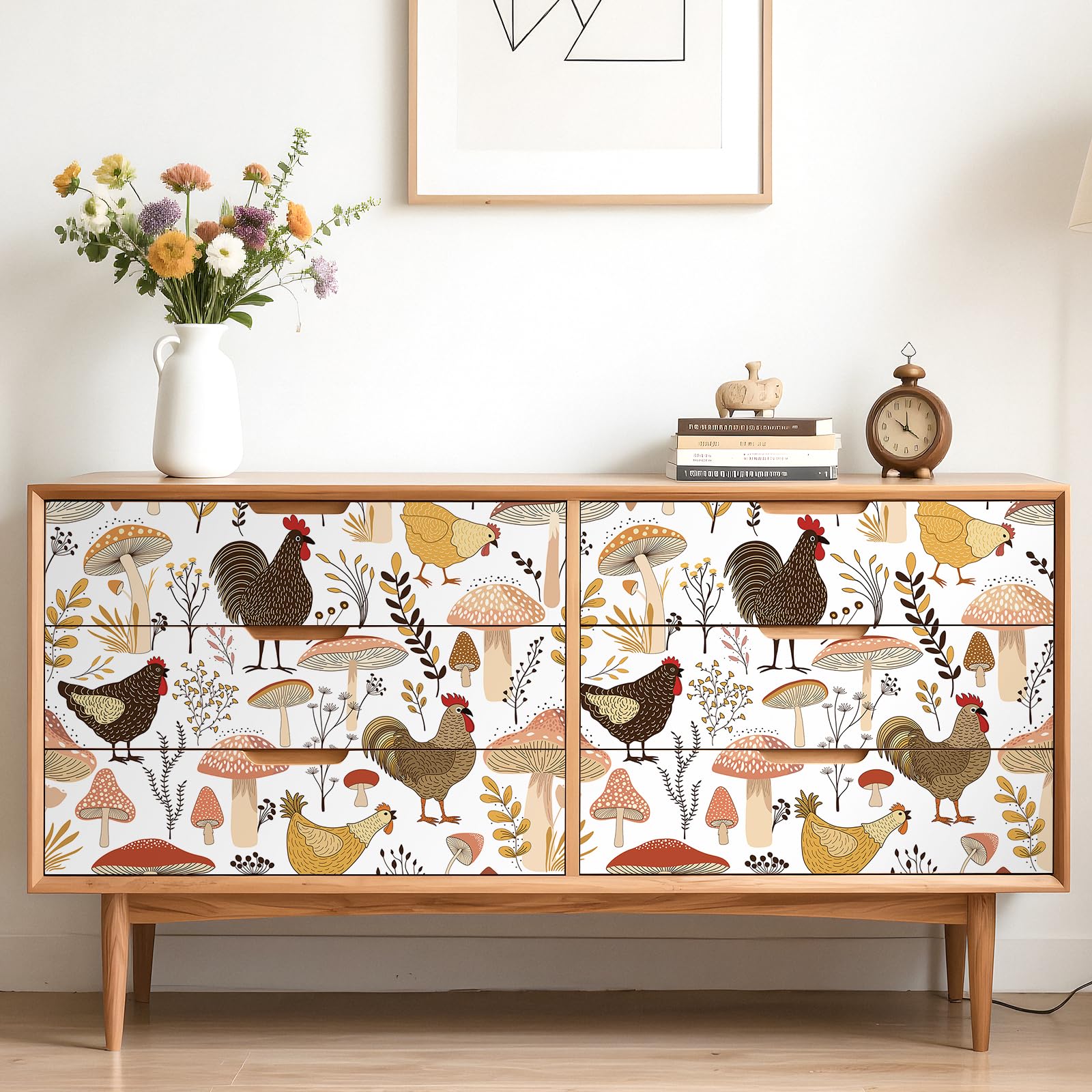 FunStick 44.5CMx9M Papel Pintado Pared Blanco Botanico Setas Vinilos Autoadhesivos para Pared Cocina Salón Vinilo Adhesivo Blanco Beige Papel Adhesivo para Muebles Armario Animales Pollo de Granja