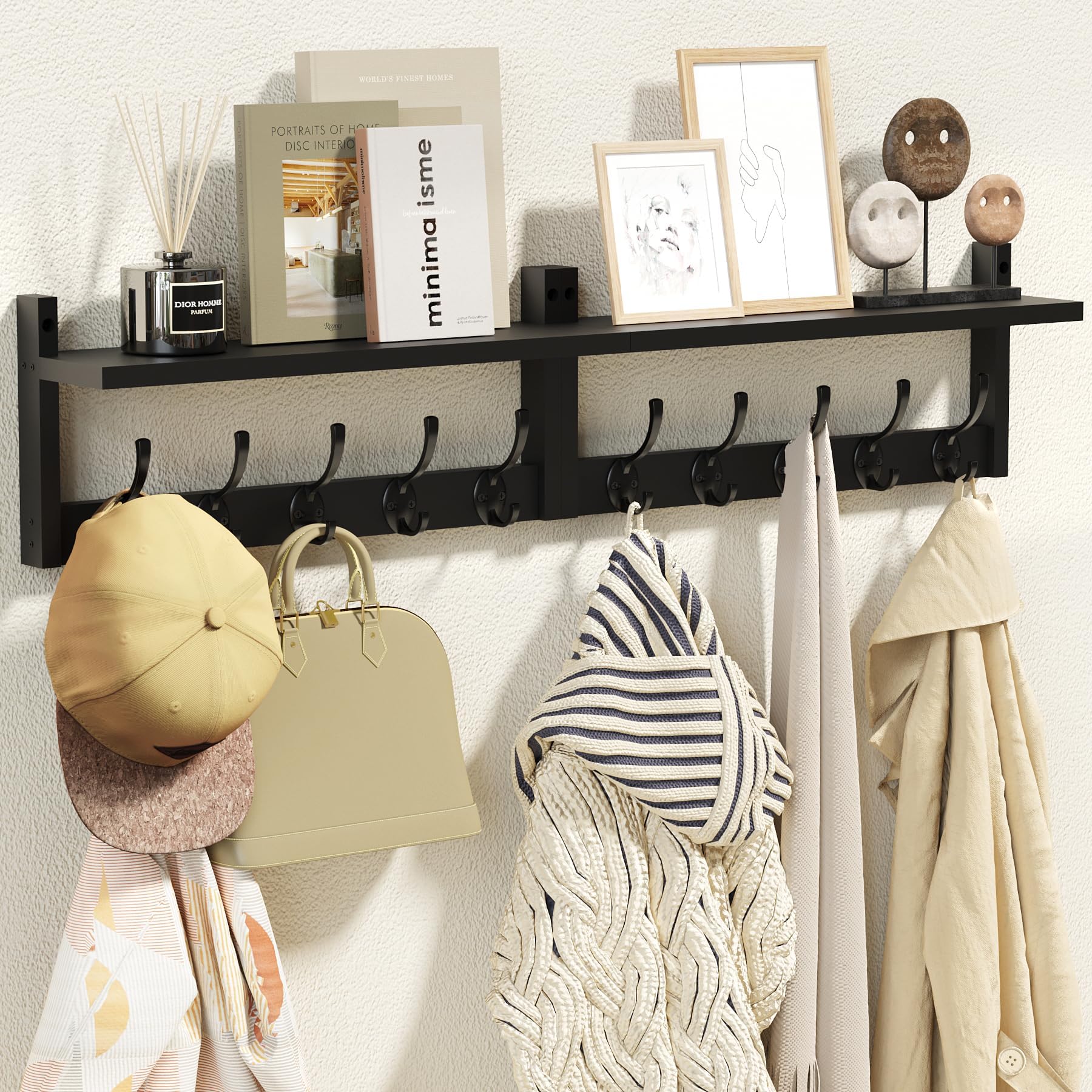 AMBIRD 34.2" Extra Long Wooden Wall Hook Rack with Shelf - Versatile and Decorative Wall-Mounted Storage with 10 Hooks for Coats, Hats, Keys - Ideal for Entryways, Bedrooms, Closets (Stylish Black)
