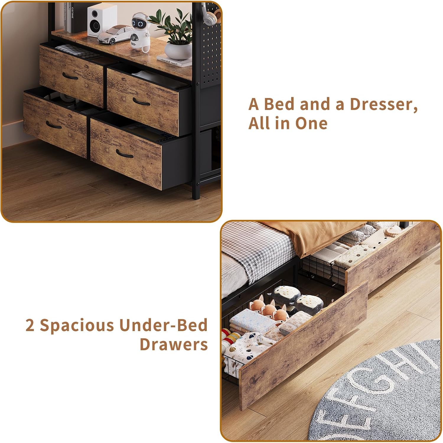 Bunk Bed Twin Over Twin with Hall Tree, Power Outlet & LED Lights, Metal Bunk Bed with 6 Storage Drawers & 2 Hanging Rods, No Box Spring Needed, Easy Assembly, for Kids Teens, Rustic Brown