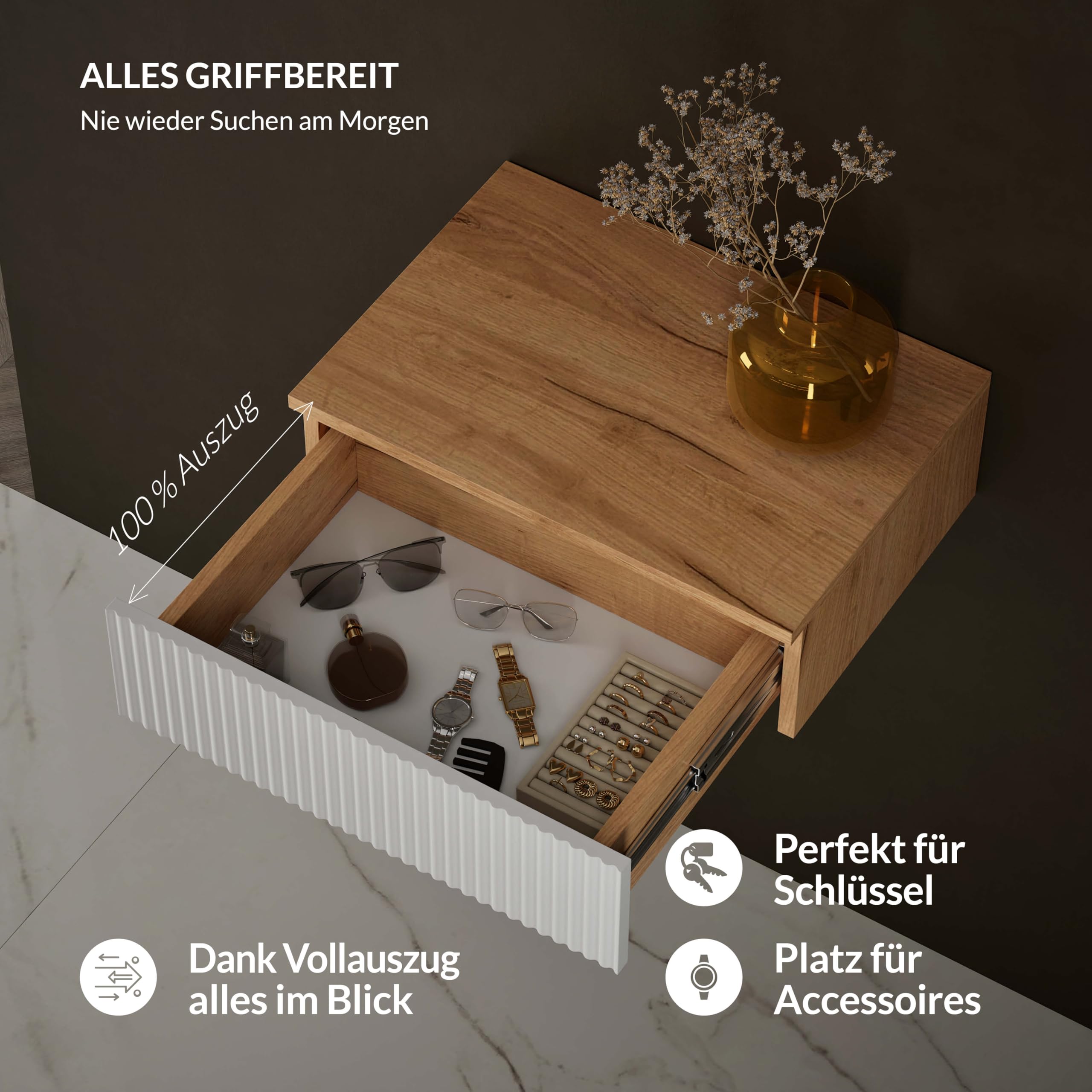 Planetmöbel Amyra Konsolentisch schmal mit Schublade, Wand-Konsole für Garderobe, Flur und Schminktisch, Gold Eiche/Weiß, Wandmontage, 50 x 16 x 35 cm