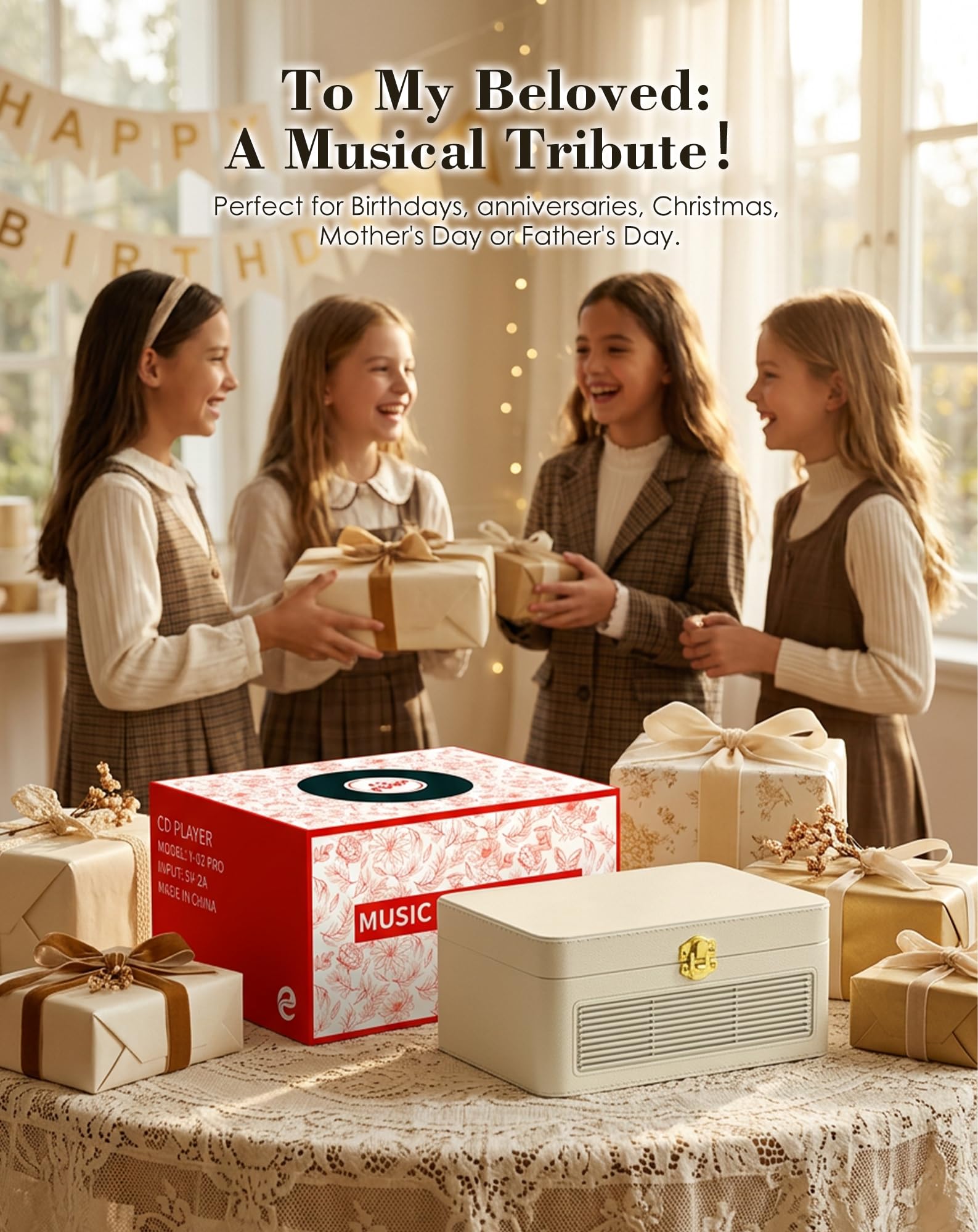 Lecteur CD Portable Bluetooth, Radio rétro avec Lecteur CD, Haut-Parleur, supporte la Lecture USB & AUX, avec télécommande, Housse antipoussière en Cuir PU, Blanc