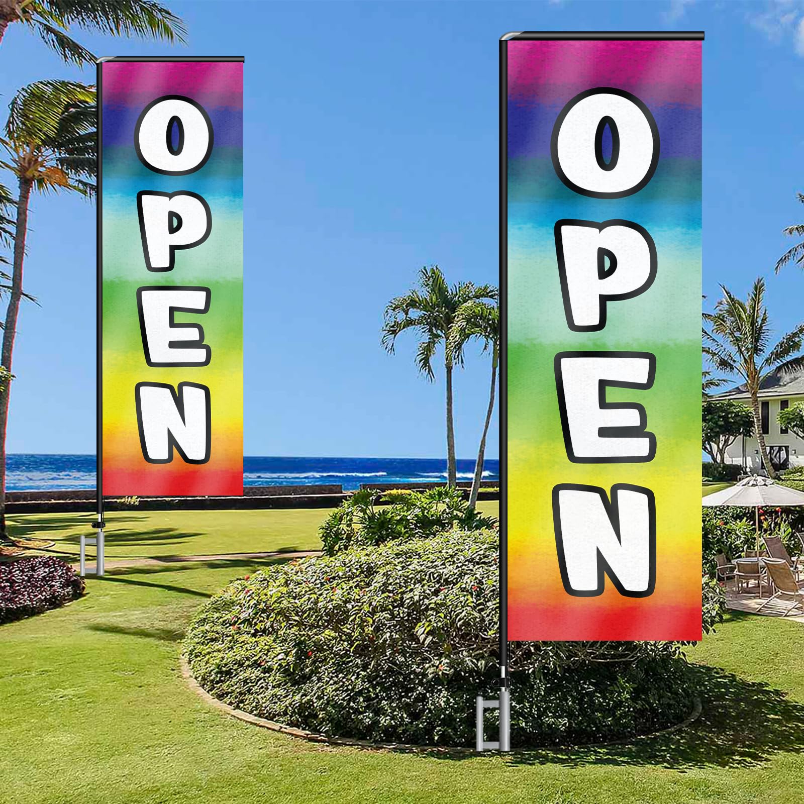 Bandera de plumas rectangular abierta multicolor con kit de mástil de bandera y estaca de tierra, bandera abierta sin viento de 11 pies, cartel de negocios para publicidad en interiores y