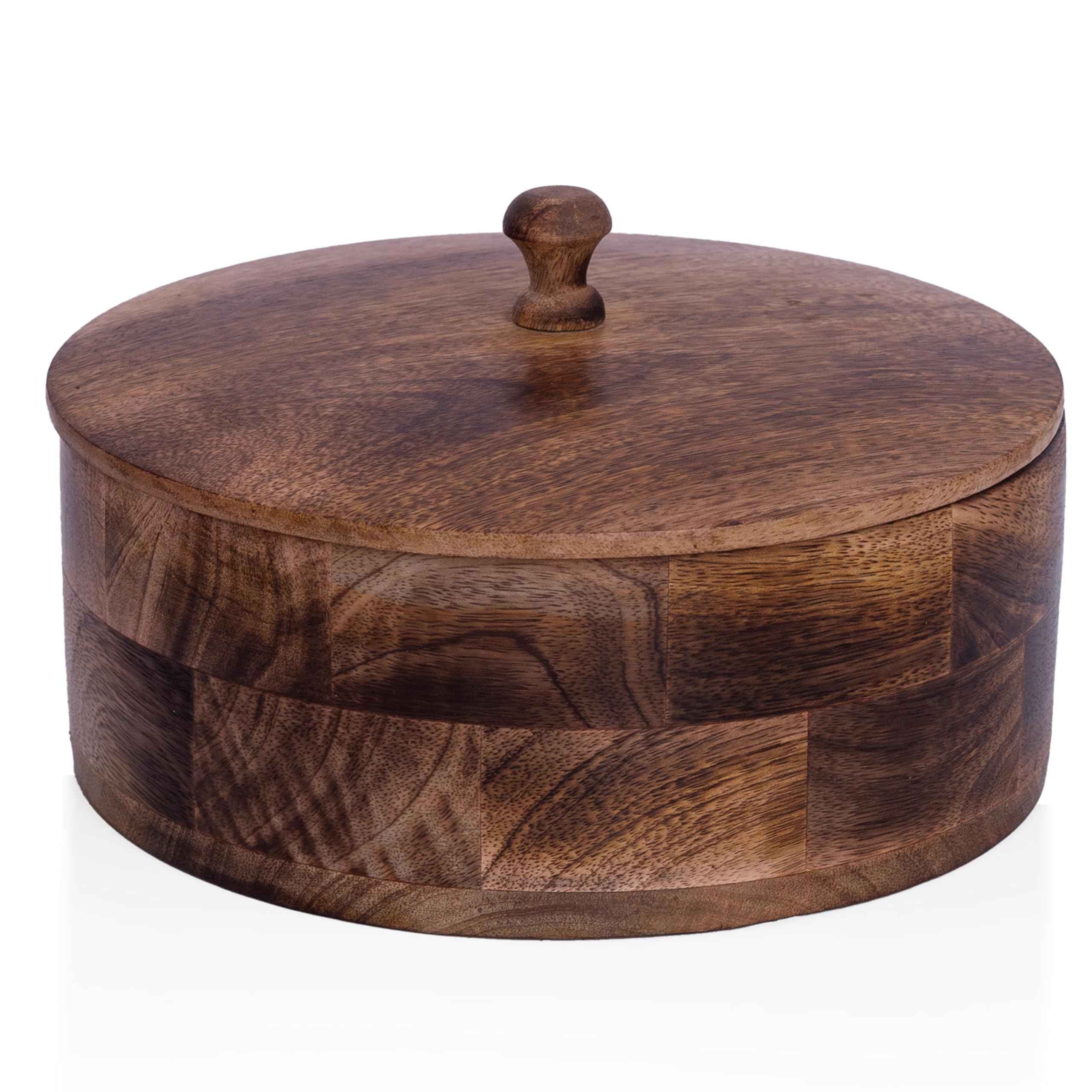 Indian Handmade Chapti Holder Box Pancake Keeper Serveware Hot Pot Casserole Dish With Lid Home Kitchen Dining Decor, Natural Brown, 9 x 3 Inches