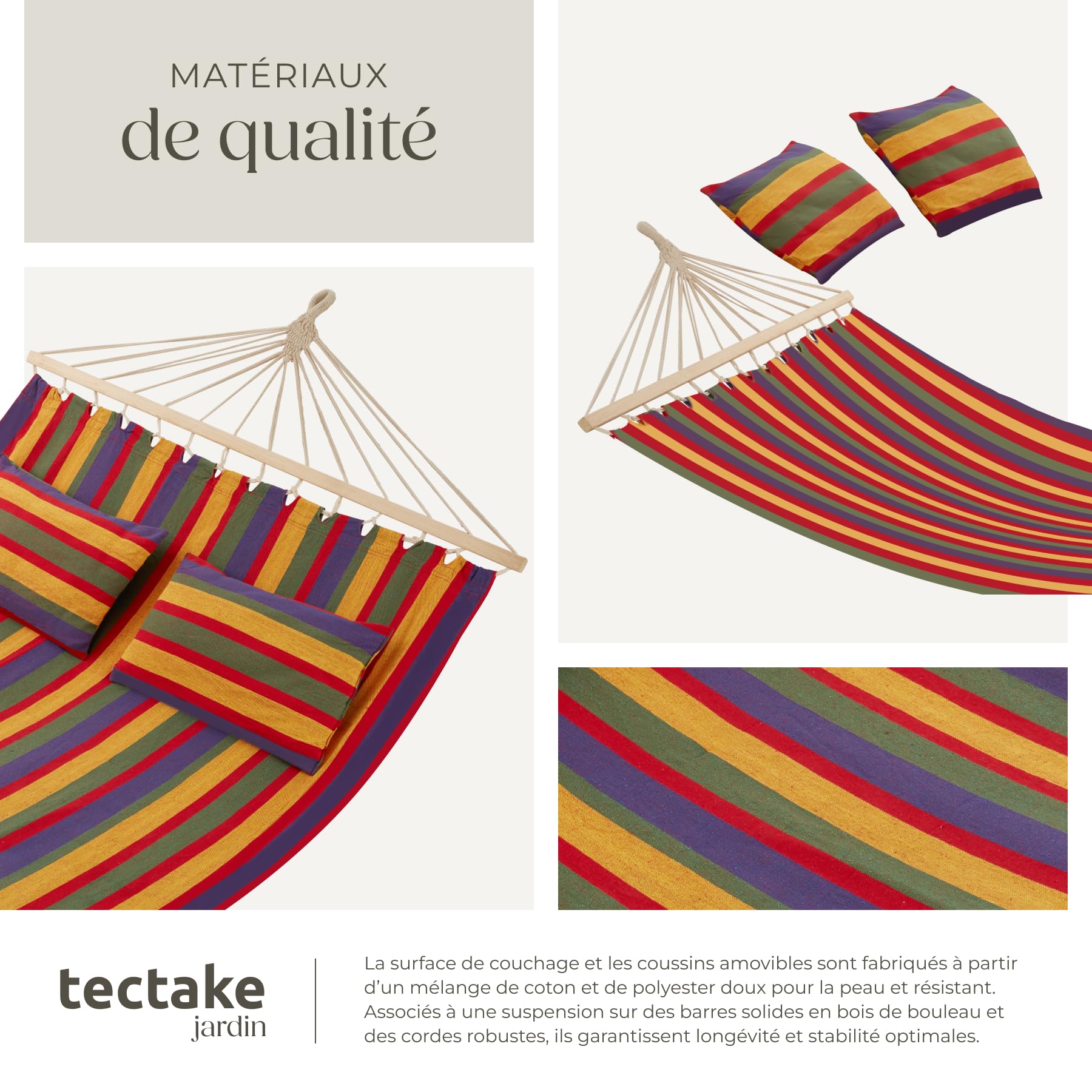 tectake® Hamac 2 Places Hamac Double Exterieur avec 2 Oreillers extérieur, 325x150x2,5 cm, Supporte Max. 240 kg, Couchage 230x 145 cm, pour Relaxation Terrasse Exterieur Piscine Jardin Balcon Veranda