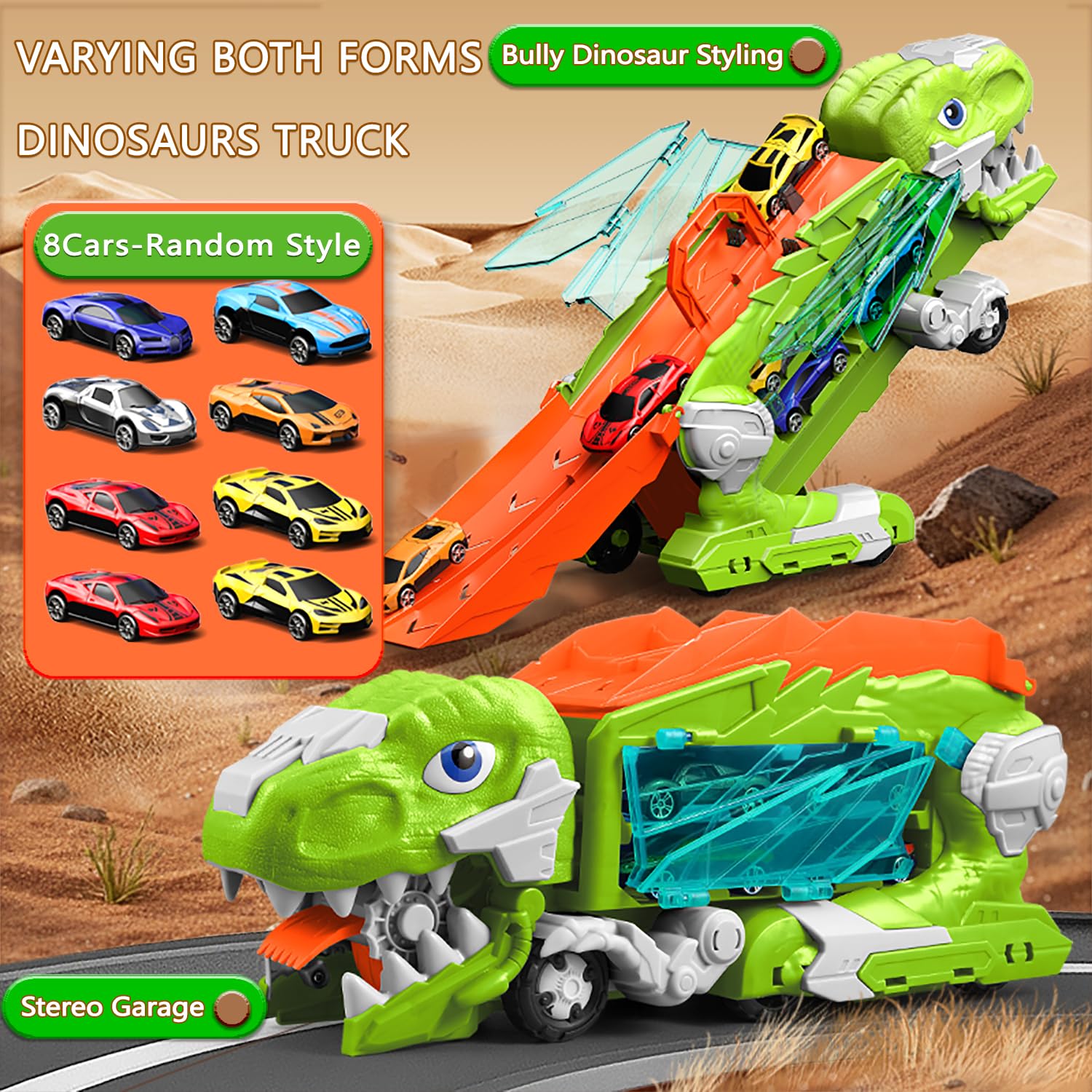 Dinosauro Camion Giocattolo con 8 Macchinine, Dinosauri Trasformabili per bambini 3 4 5 6 7 8+Anni,Garage,Set Pista da Corsa,Transforms in Dino con Ali,Camion Furgoni,Regali di Compleanno per Bambini