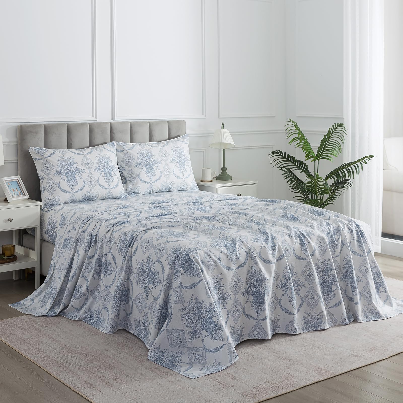 Blue Floral Boho Sheets, King Size 100% Cotton Percale Cream White Vintage Sheet Set, Shabby Flower Chic Deep Pocket Cosy House Bed Sheets, Soft Crisp Luxury Cottage Core Bedding Sets, 4Pcs