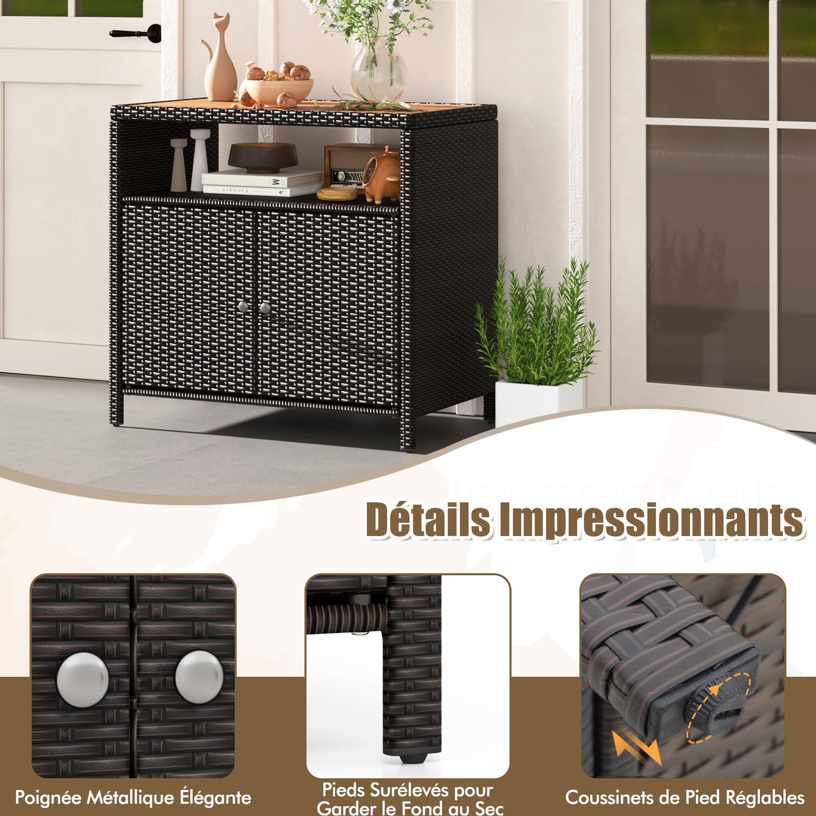 GYMAX Armoire Buffet Extérieur en Rotin, Meuble Rangement Étanche, Grand Plateau 90x53cm en Bois d'Acacia, pour Balcon Barbecue Cuisine Jardin (Brun)