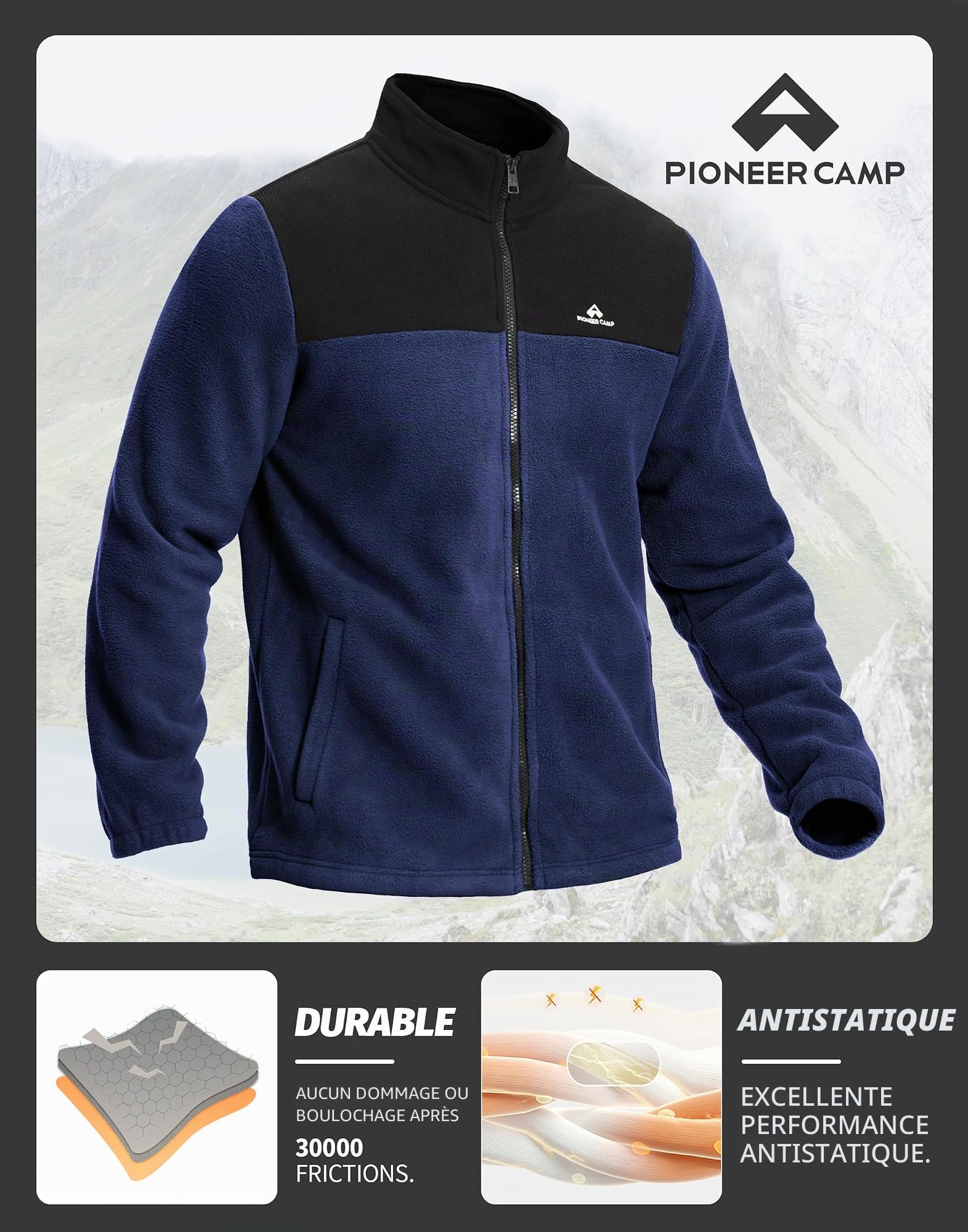 Veste polaire chaude pour homme, respirante et confortable, veste de survêtement entièrement zippée, 400 g d'épaisseur, veste demi-saison pour l'extérieur, la randonnée, les loisirs, le trekking