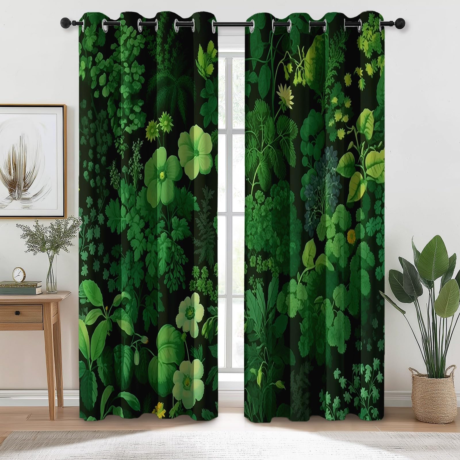 Vorhänge Dunkelgrün, Verdunkelungsvorhang 2er Set - Vorhang Blickdicht Blumenranken, Thermovorhang für Deko Wohnzimmer Schlafzimmer, Gardinen mit Ösen 214x91.5cm(HxB)
