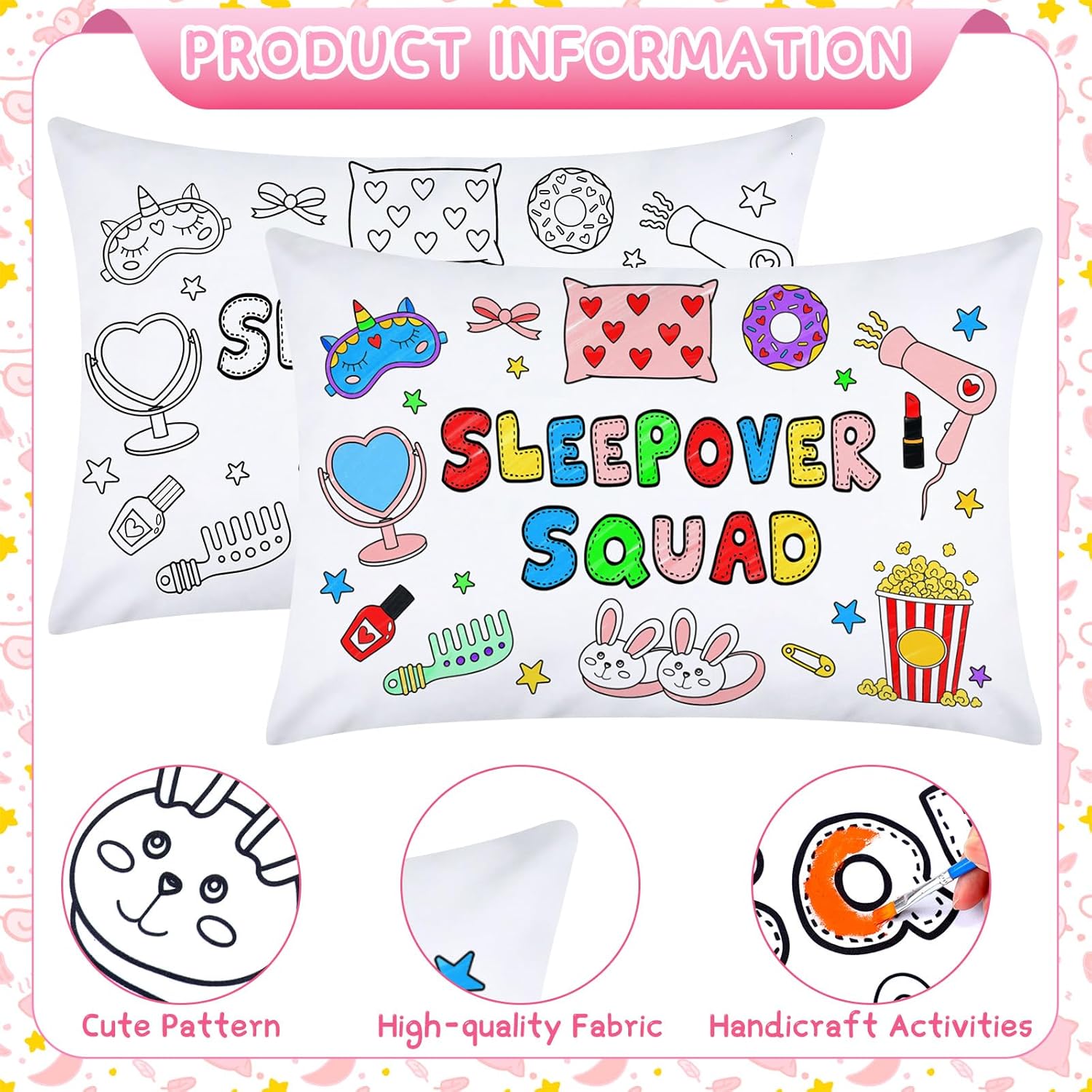 6 Pcs DIY Sleepover Pillowcase Supplies Coloring Sleepover Squad Pillow Covers Pajama Night Party Favors Color Your Own Slumber Pillowcase Arts Crafts for Birthday Overnight Gift