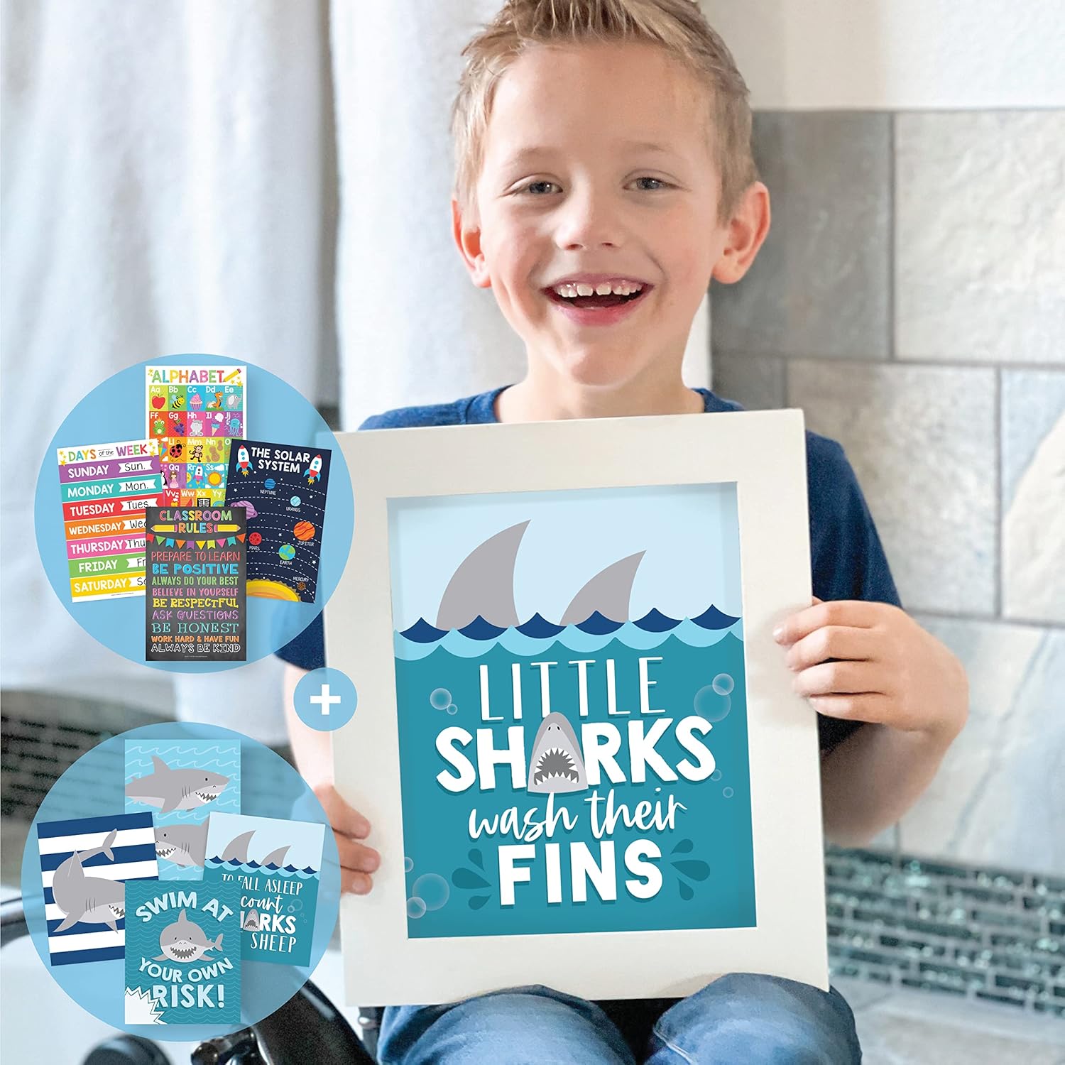 6 Shark Reversible Bathroom Decor Wall Art, 16 Educational Posters for Classroom