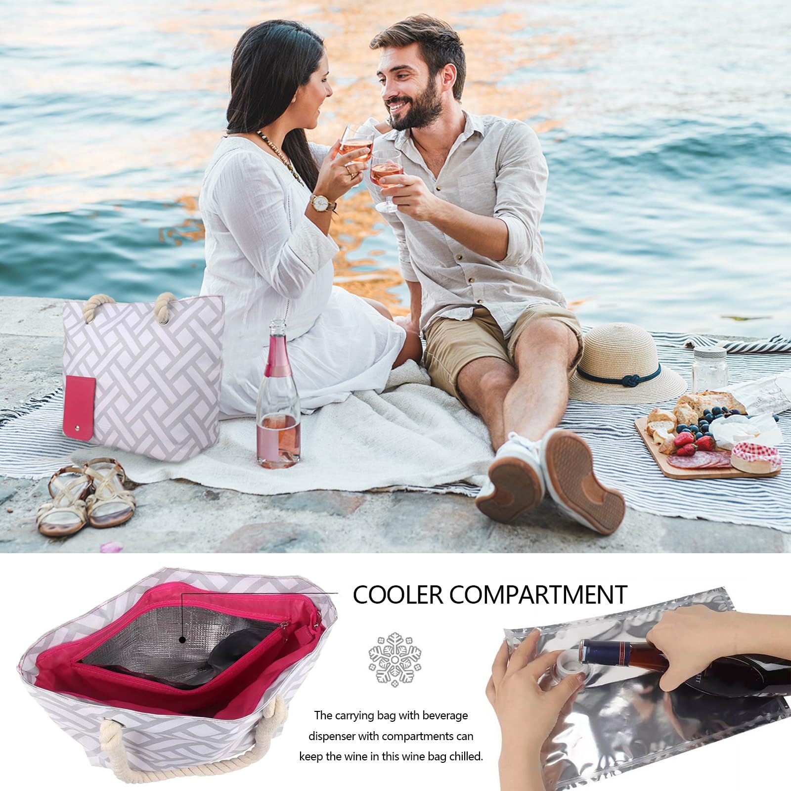 Bolsa De Vino, Bolsa De Picnic Bolsa De Vino De 2000 Ml con Dispensador Bolsa Dispensadora De Vino PortáTil con 3 Tanques Interiores para Playa Viajes Conciertos Acampadas 42,5 X 31,5 Cm Gris
