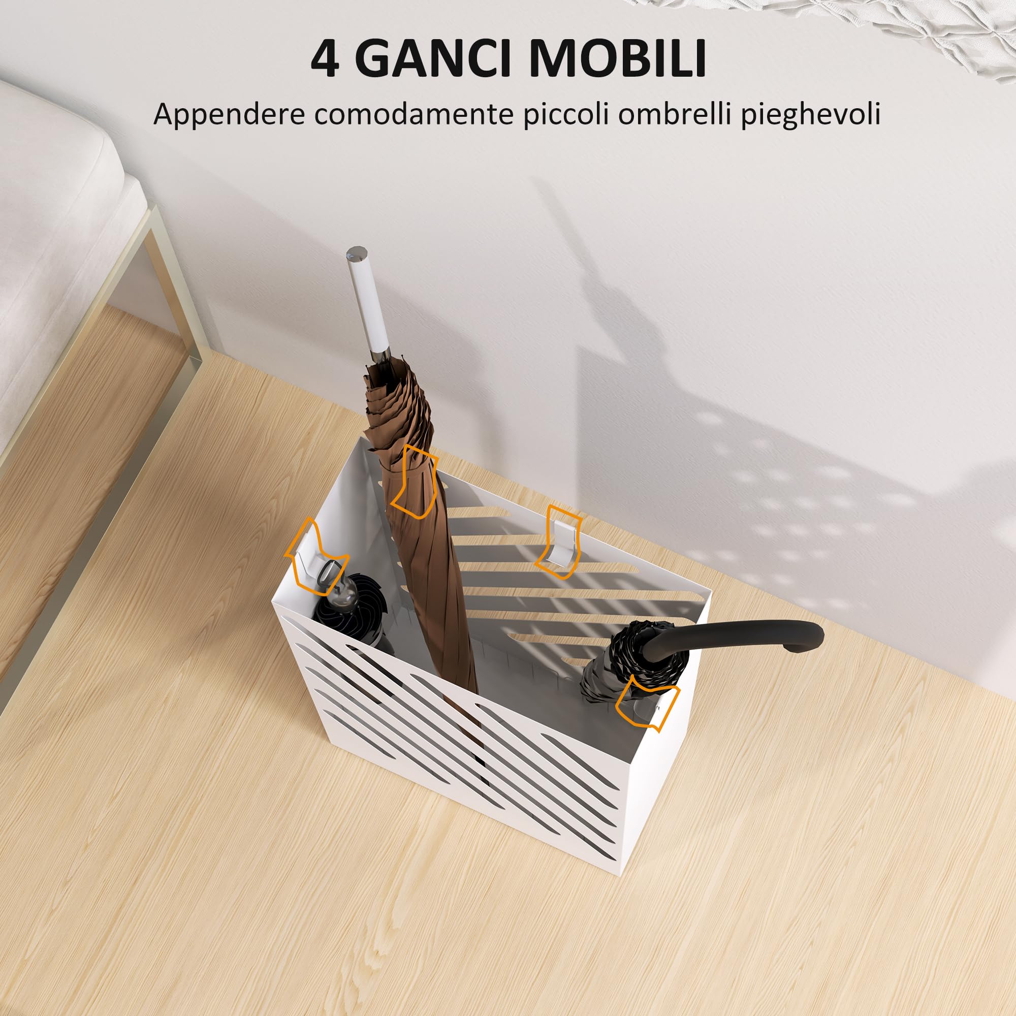 HOMCOM Portaombrelli Design Moderno con Vaschetta Raccogli Gocce, Porta Ombrelli in Acciaio Zincato con 4 Ganci per Ingresso e Corridoio, 28x14x41 cm, Bianco