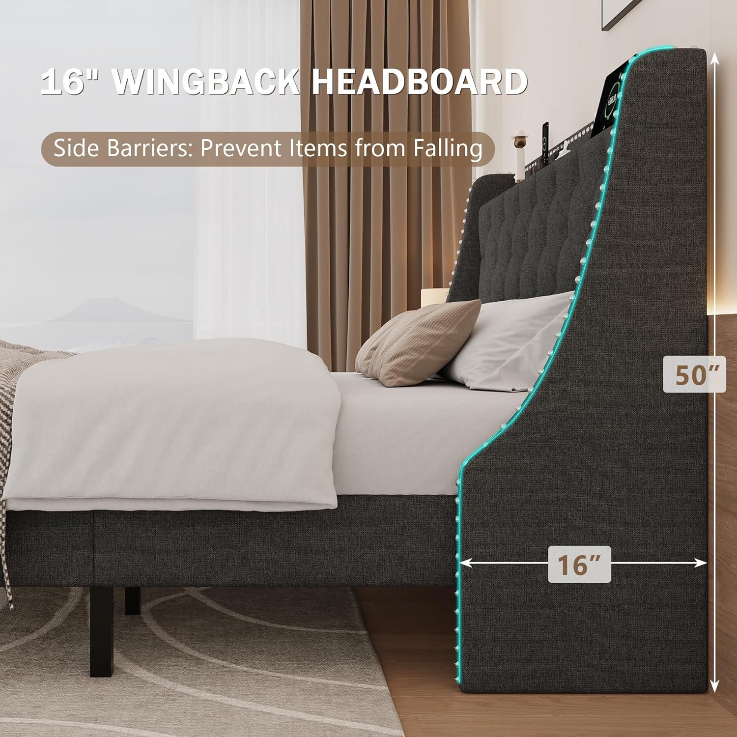 GalnFu King Bed Frame with 16" Wingback Button Tufted Storage Headboard, Upholstered Platform Bed with Charging Station, Sturdy Wood Slats Support, No Box Spring Needed, Easy Assembly, Dark Grey