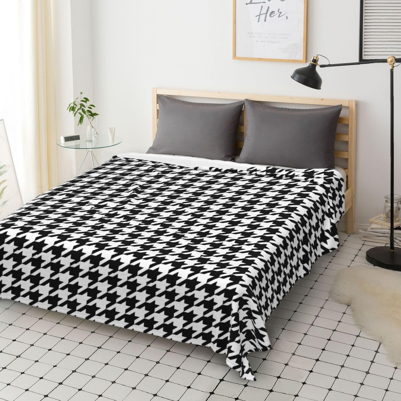 Couverture en flanelle avec imprimé pied-de-poule noir, 178 x 203 cm, confortable, chaude, pour l'hiver, le camping ou les voyages