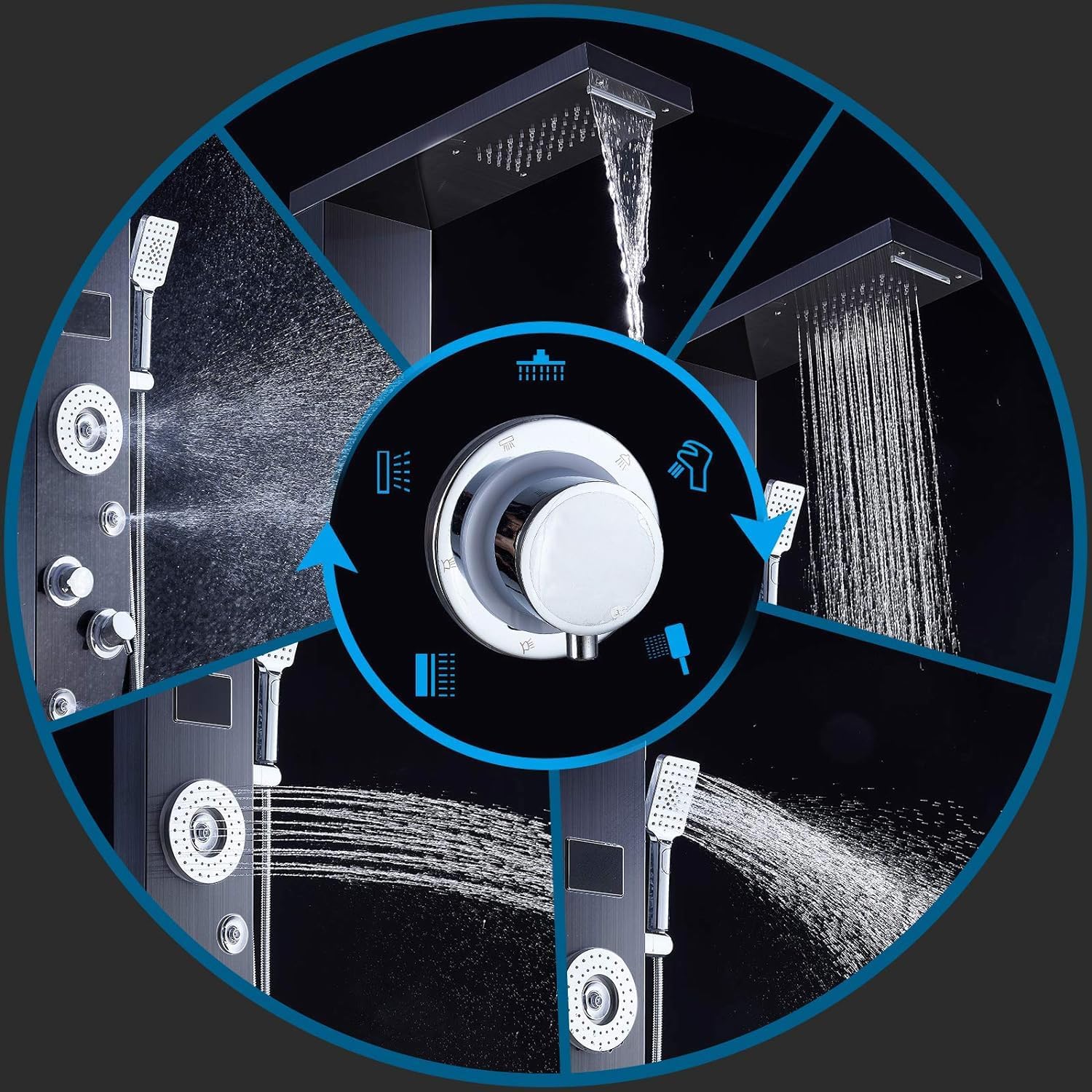 ELLO&ALLO LED Rainfall Waterfall Shower Head Rain Massage System with Body Jets Stainless Steel Bathroom Shower Panel Tower System, Brushed Black