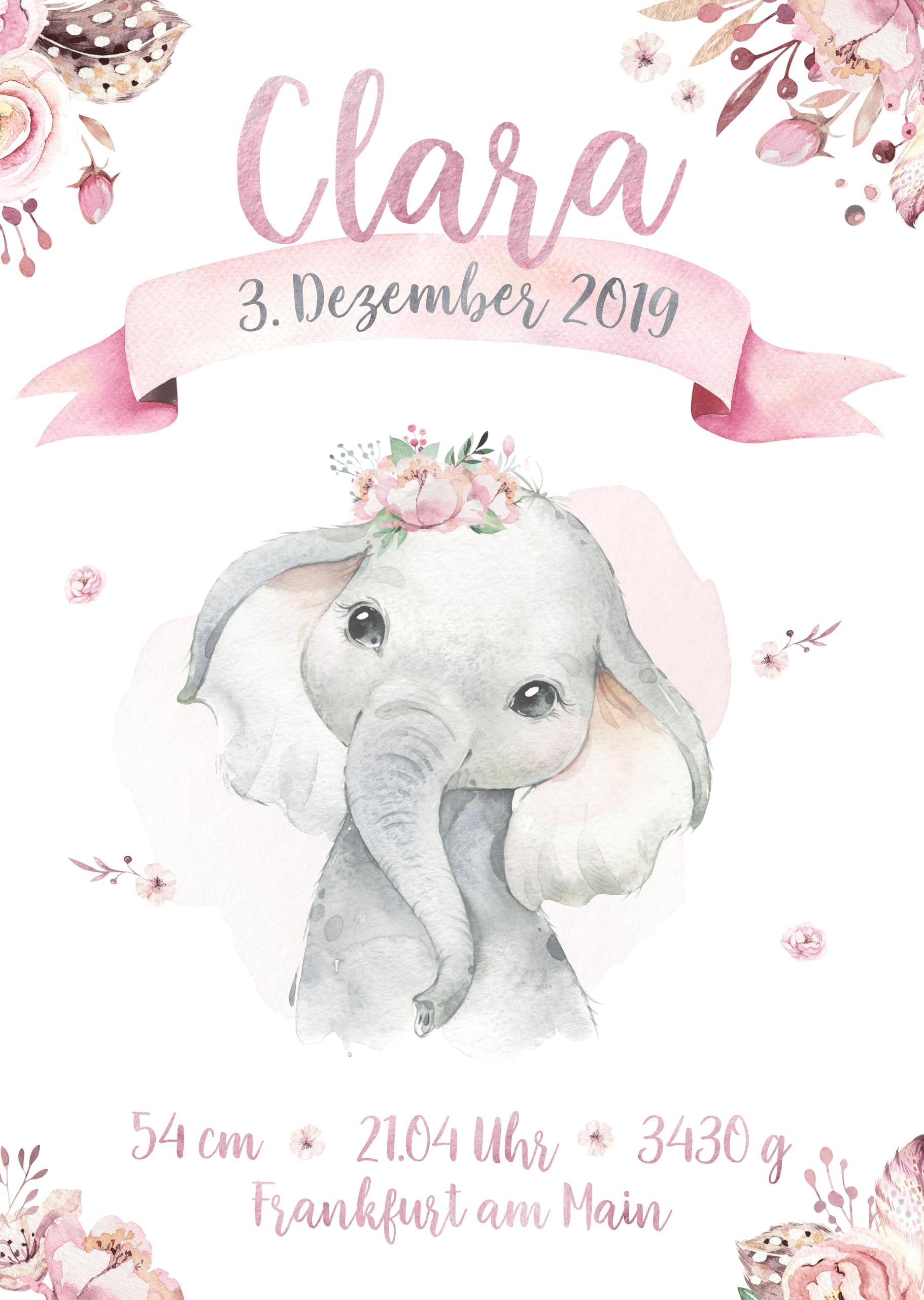 double critical Personalisiertes Geburtsposter Baby-Elefant – Mädchen Aquarell Poster mit Name und Geburtsdaten – Rosa Blumen Deko Kinderzimmer – Geschenk zur Geburt oder Taufe DIN A4 A3