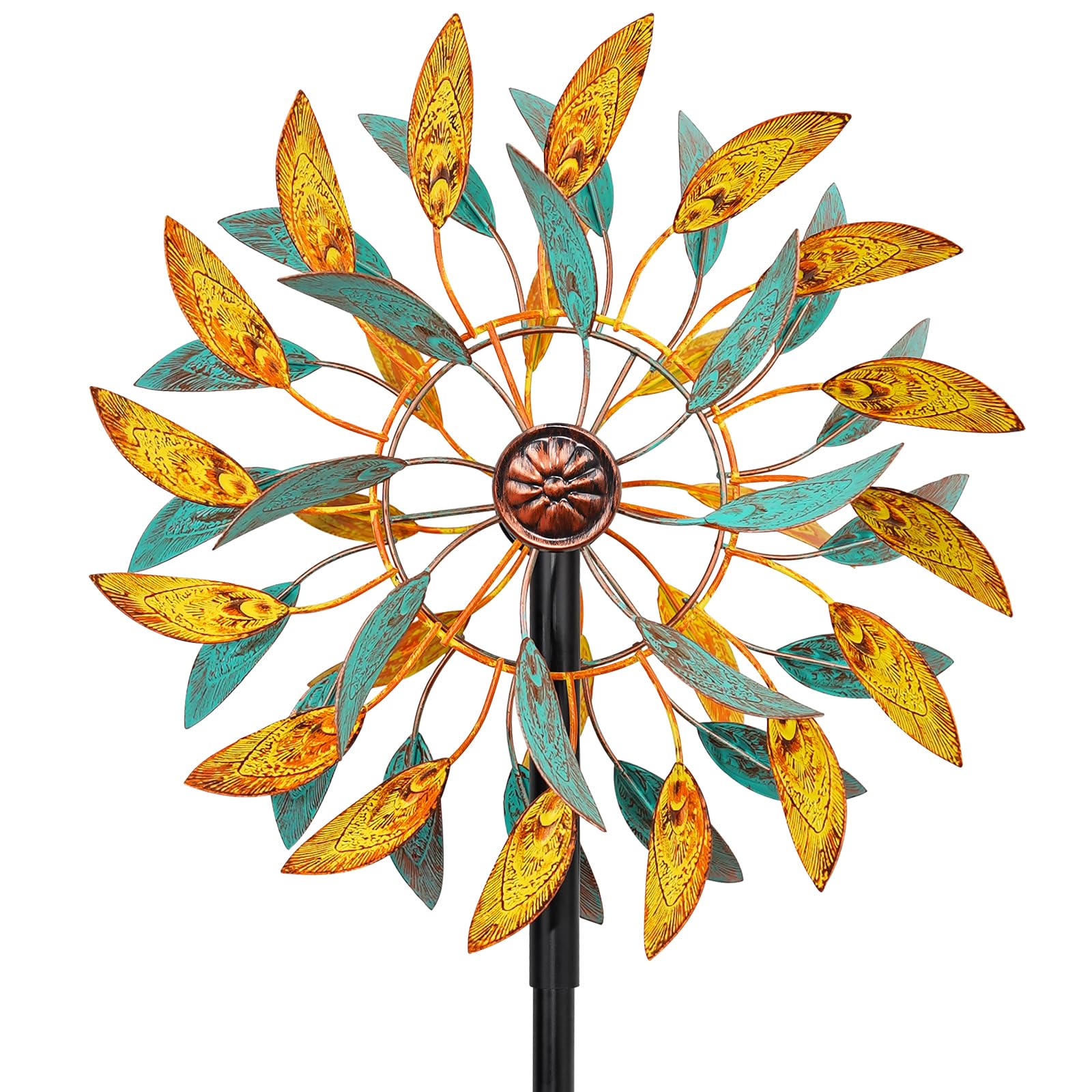 Wind Spinners Outdoor, Kinetic Wind Spinner,Yard Art Windmill with Metal Stake,Vintage Metal Wind Sculptures & Spinners,Waterproof Pinwheels Large Wind Spinner for Yard and Garden (Yellow+Blue)