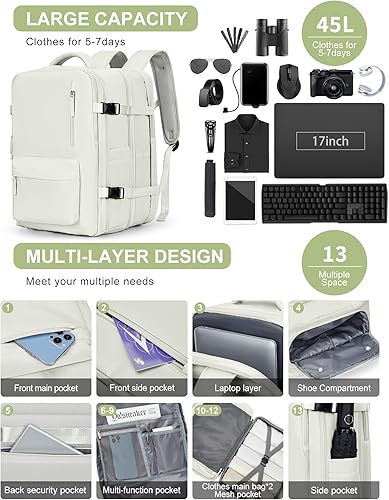 Miniatura 8 de Large Travel Laptop Backpack, Expandable Flight Approved Backpack, Carry on Backpack for Women, Waterproof 17inch Laptop Hiking Backpack with Shoe