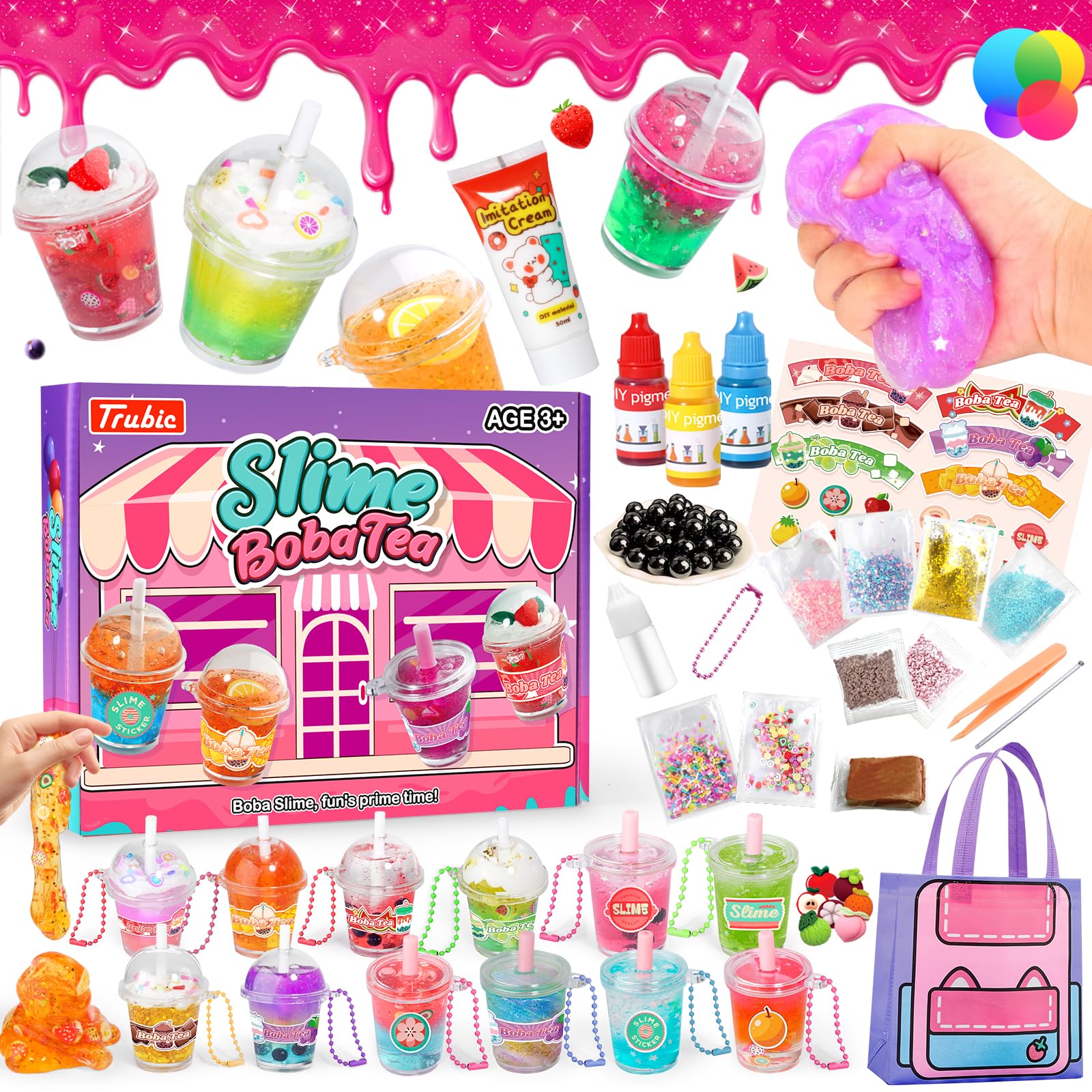 Trubic Boba Tea Slime Making Kit for Girls,12PCS Bubble Tea Cups, 500ml Clear Crystal Slime, DIY Toys for Kids