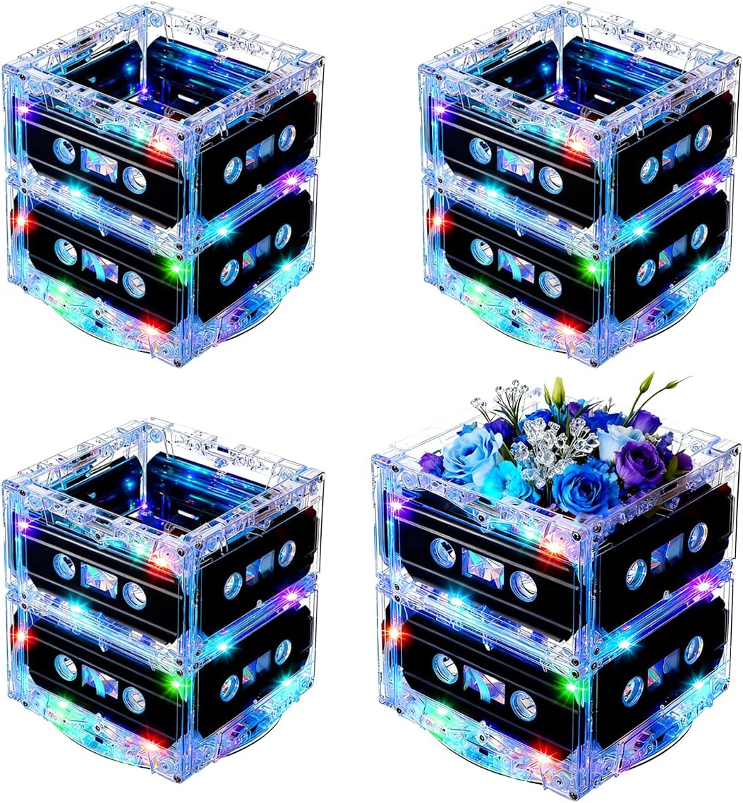 4 Sets 80s Table Decorations 90s Cassette Tape Bucket Centerpiece Neon Light Party Decorations Cassette Tape Music Party Birthday Party Decorations Retro Hip Hop Theme for 1980s 1990s